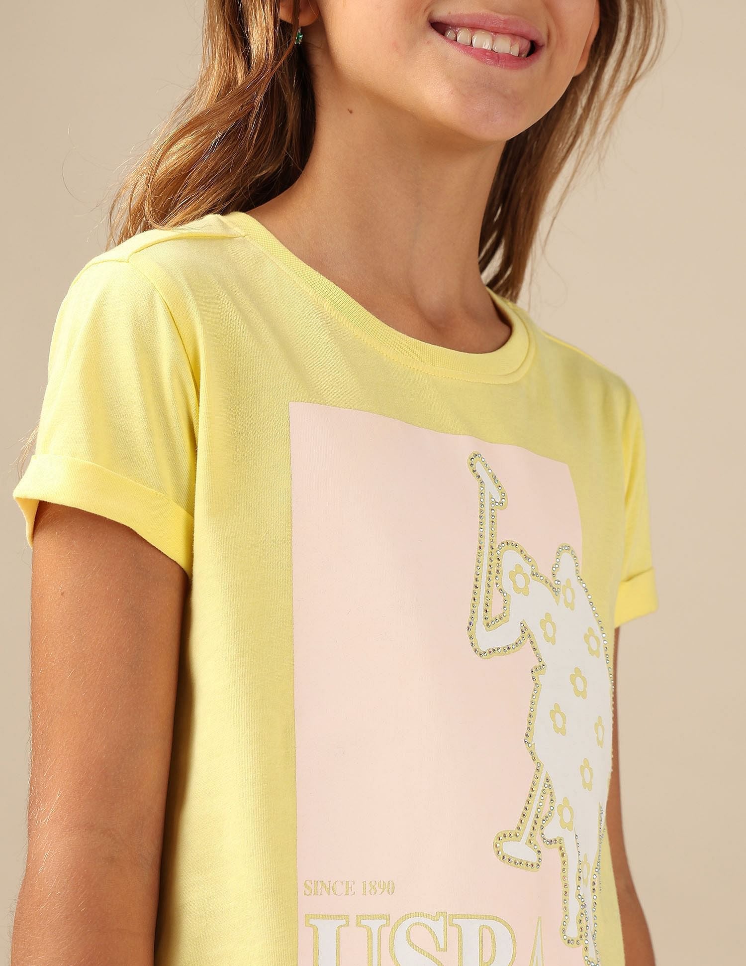 Girls Stud Detailed Relaxed Fit T-Shirt Yellow - U.S. POLO ASSN. | Large