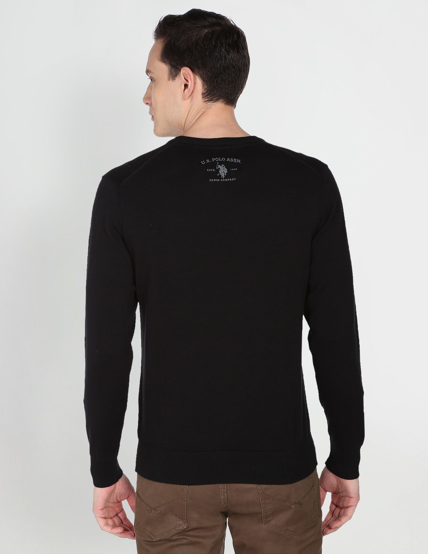 Men Black Crew Neck Graphic Print Cotton Sweater Black - U.S. POLO ASSN. | Large