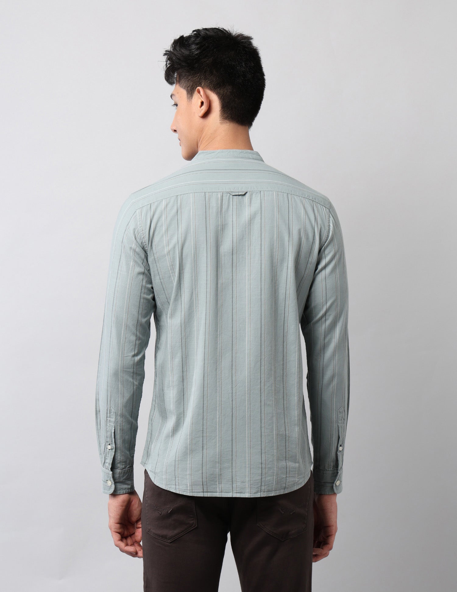 Pure Cotton Vertical Striped Mandarin Shirt Green - U.S. Polo Assn. India | Large