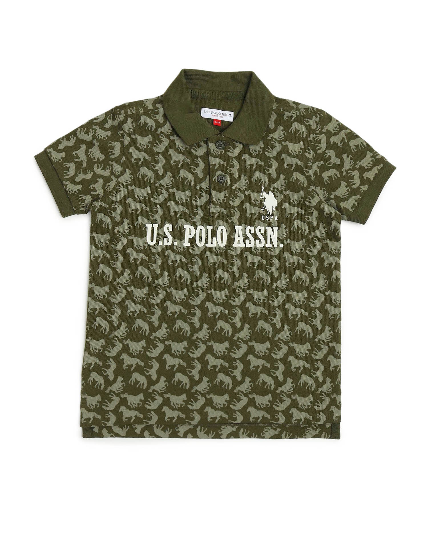Boys All Over Printed Regular Fit Polo Shirt Olive - U.S. POLO ASSN. | Large