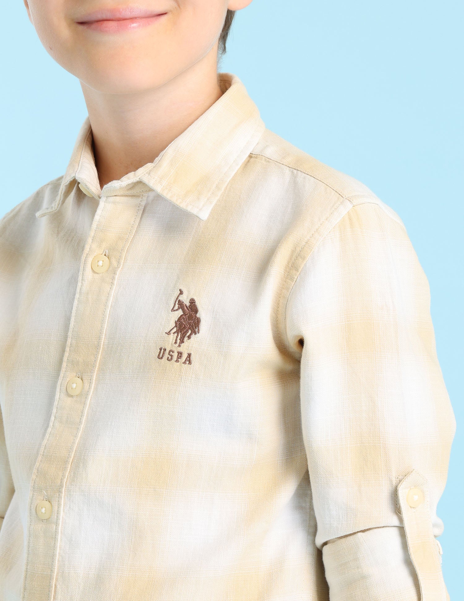 Boys Plaid Checked Regular Fit Shirt Beige - U.S. POLO ASSN. | Large