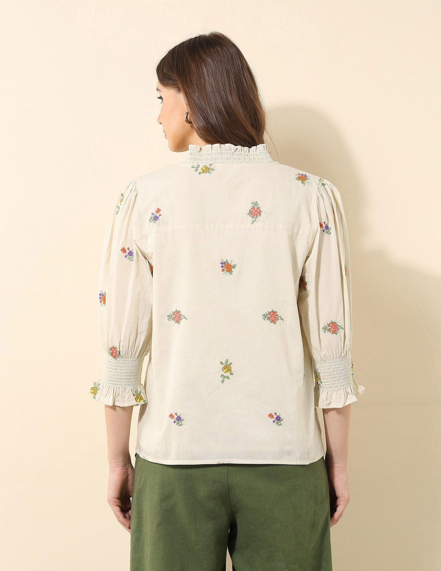 Floral Embroidered Ruffle Top Ecru - U.S. Polo Assn. India | Large