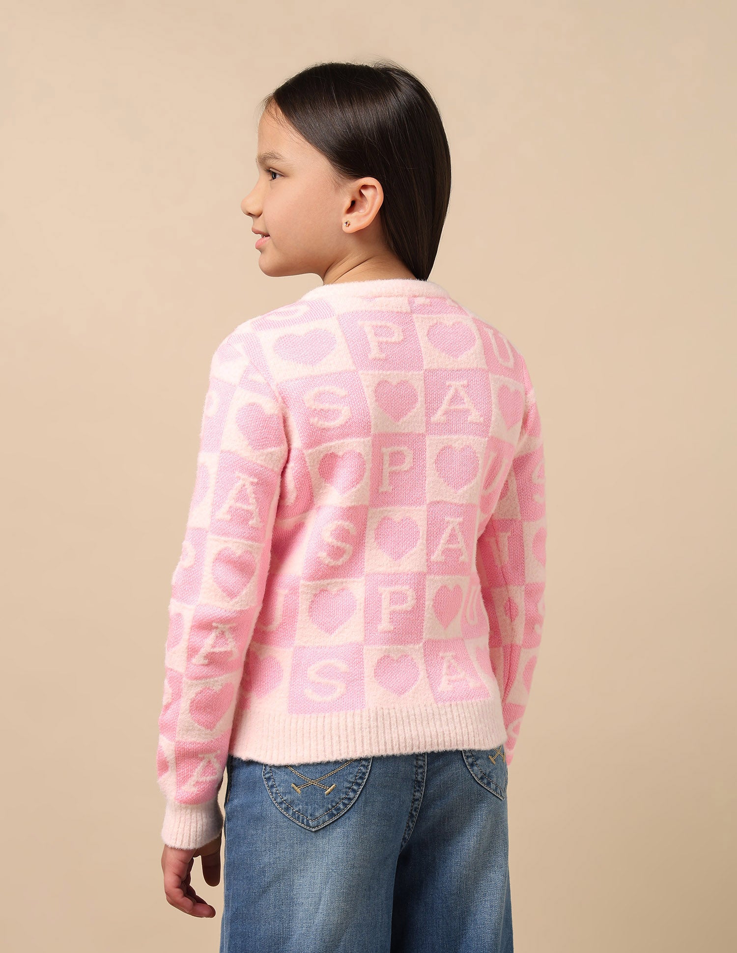 Girls Patterned Knit Sweatshirt Pink and Black - U.S. POLO ASSN. | Large