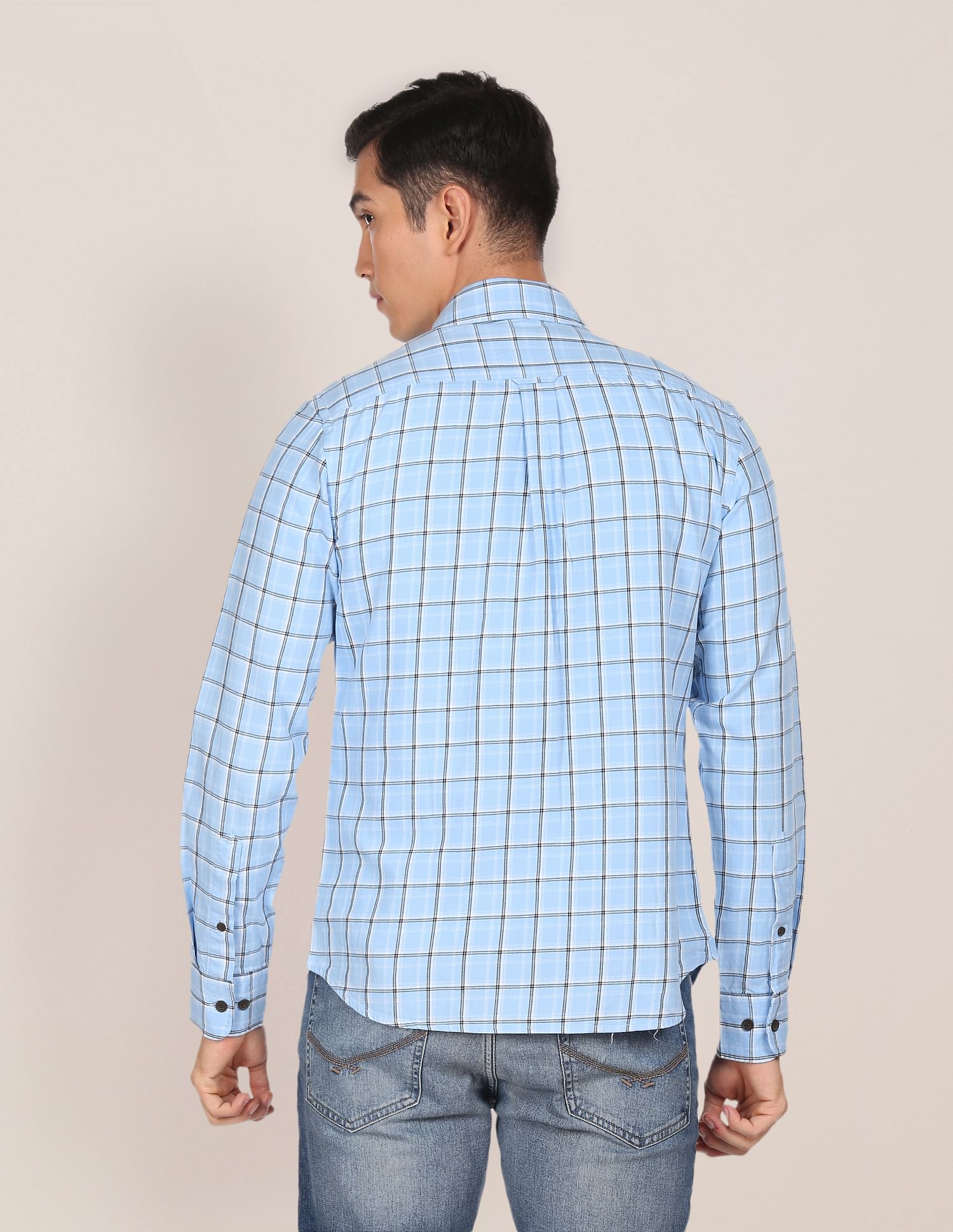 Men Light Blue Pure Cotton Check Casual Shirt Light Blue - U.S. POLO ASSN. | Large