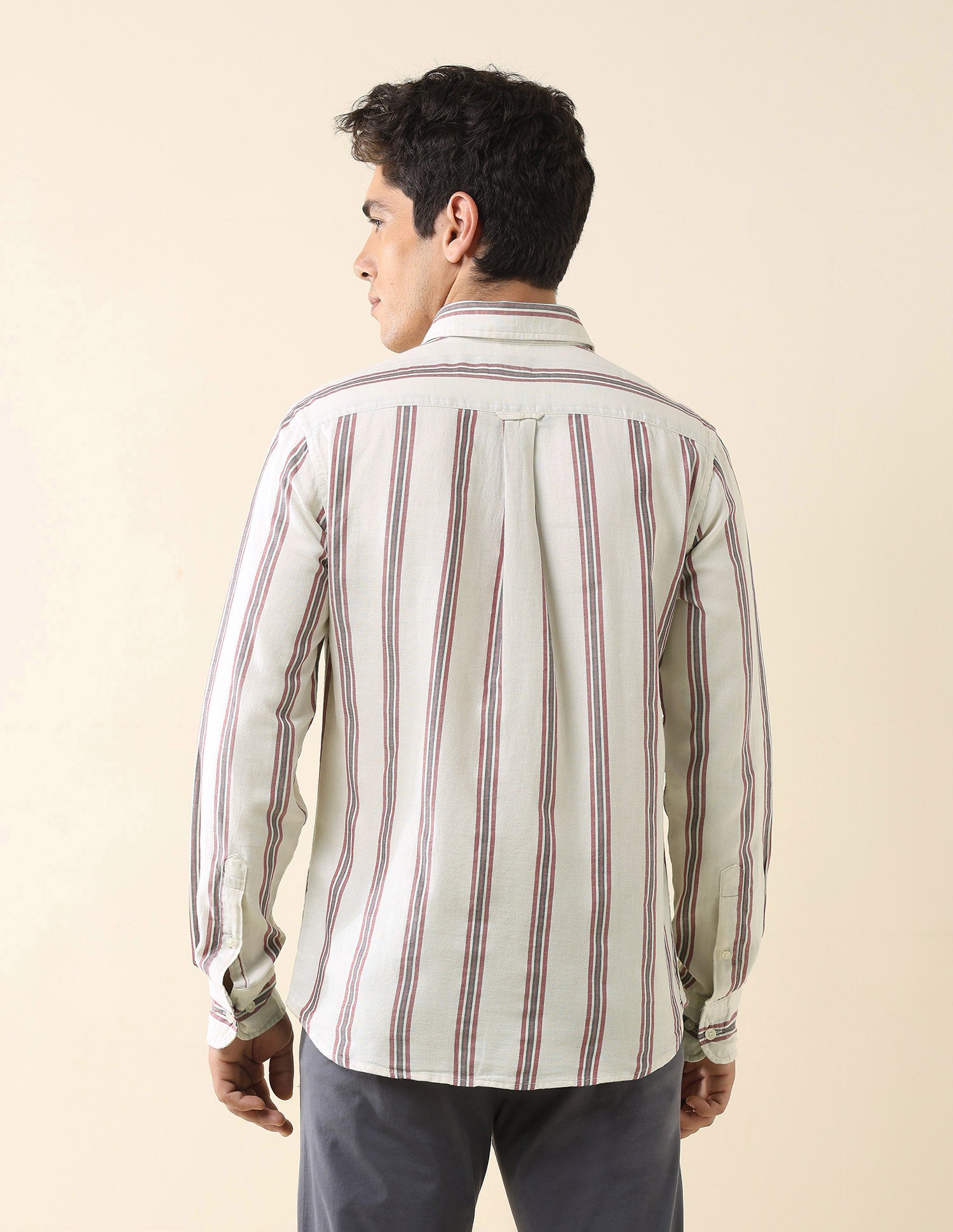 Vertical Striped Pure Cotton Shirt Ivory - U.S. Polo Assn. India | Large
