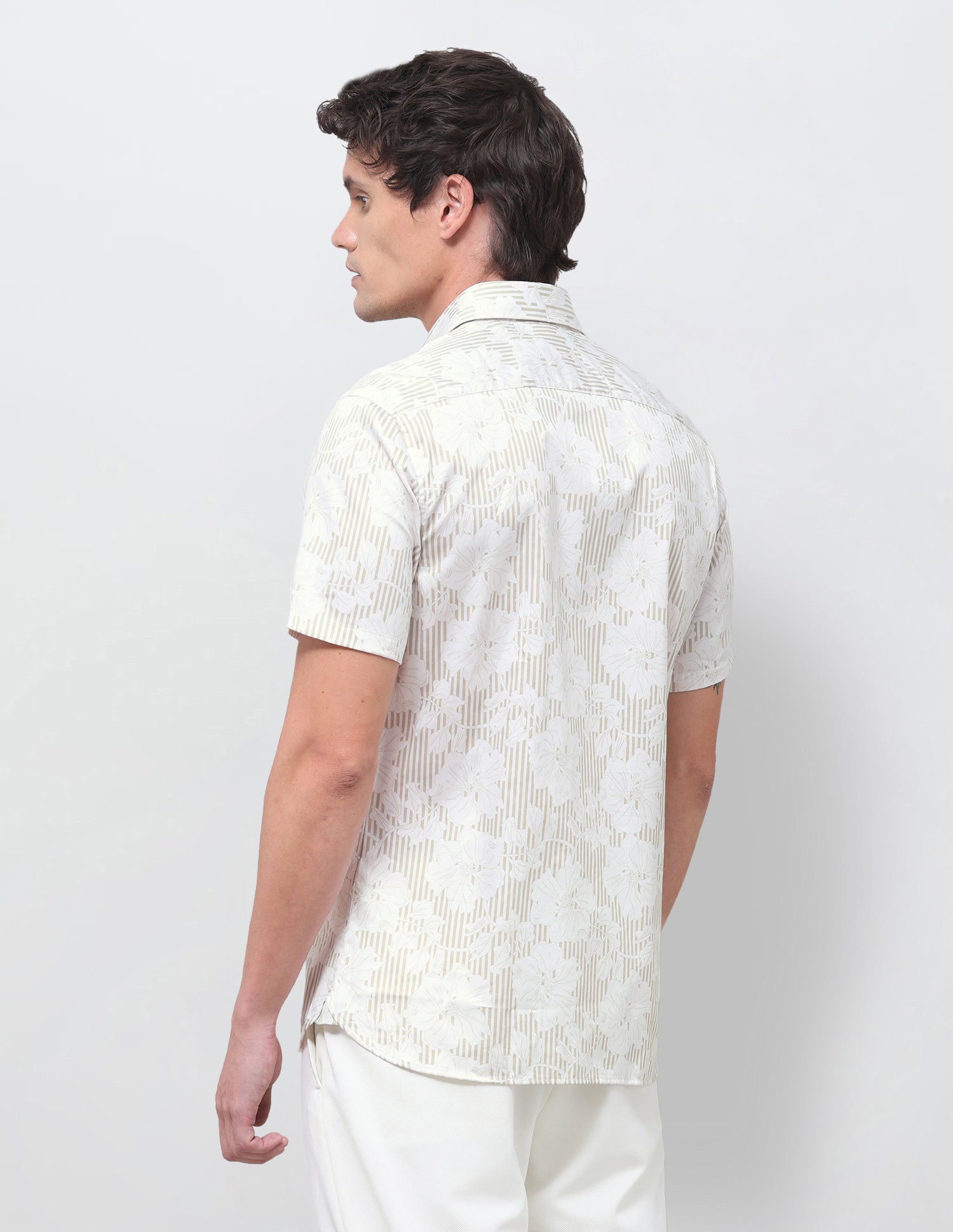 Vertical Striped With Floral Printed Satin Shirt Beige - U.S. Polo Assn. India | Large