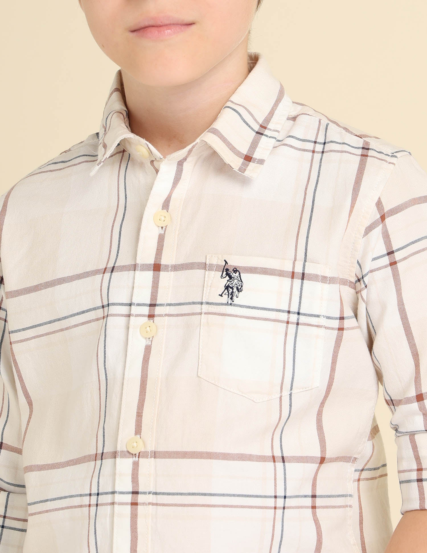 Boys Plaid Checked Regular Fit Shirt Ecru - U.S. POLO ASSN. | Large