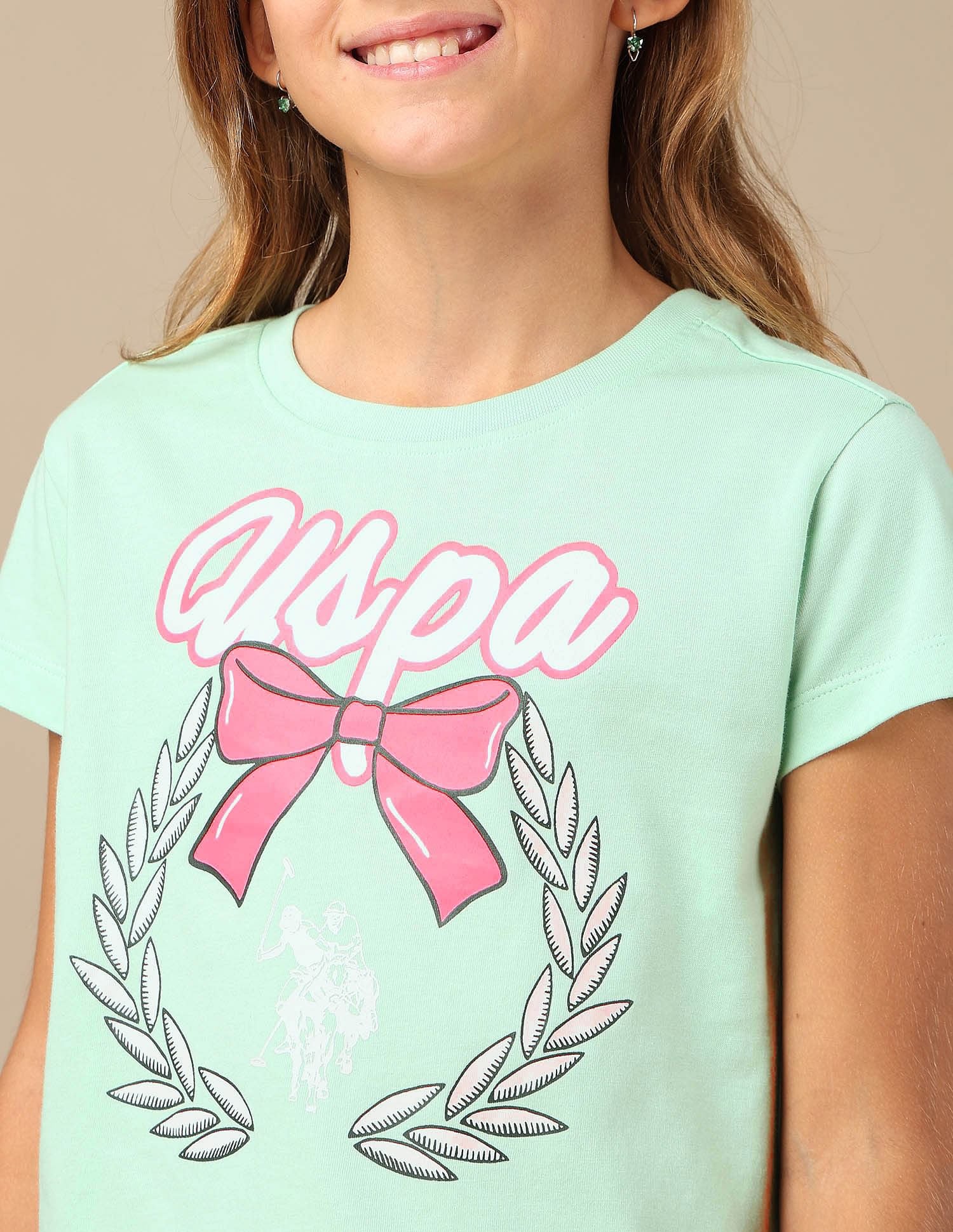 Girls Bow Print Relaxed Fit T-Shirt Mint - U.S. POLO ASSN. | Large