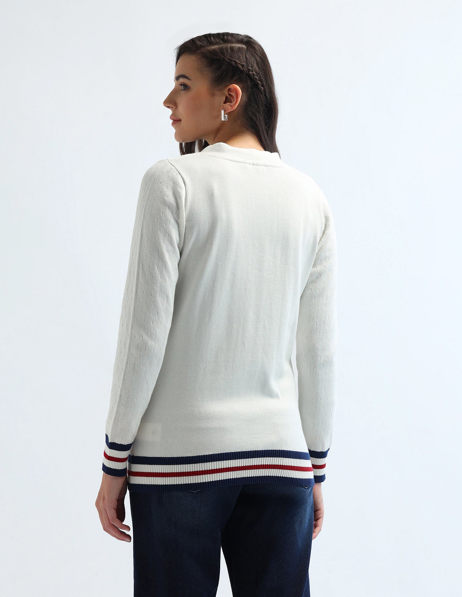 Cable Knit Tipped Cardigan Off White - U.S. Polo Assn. India | Large