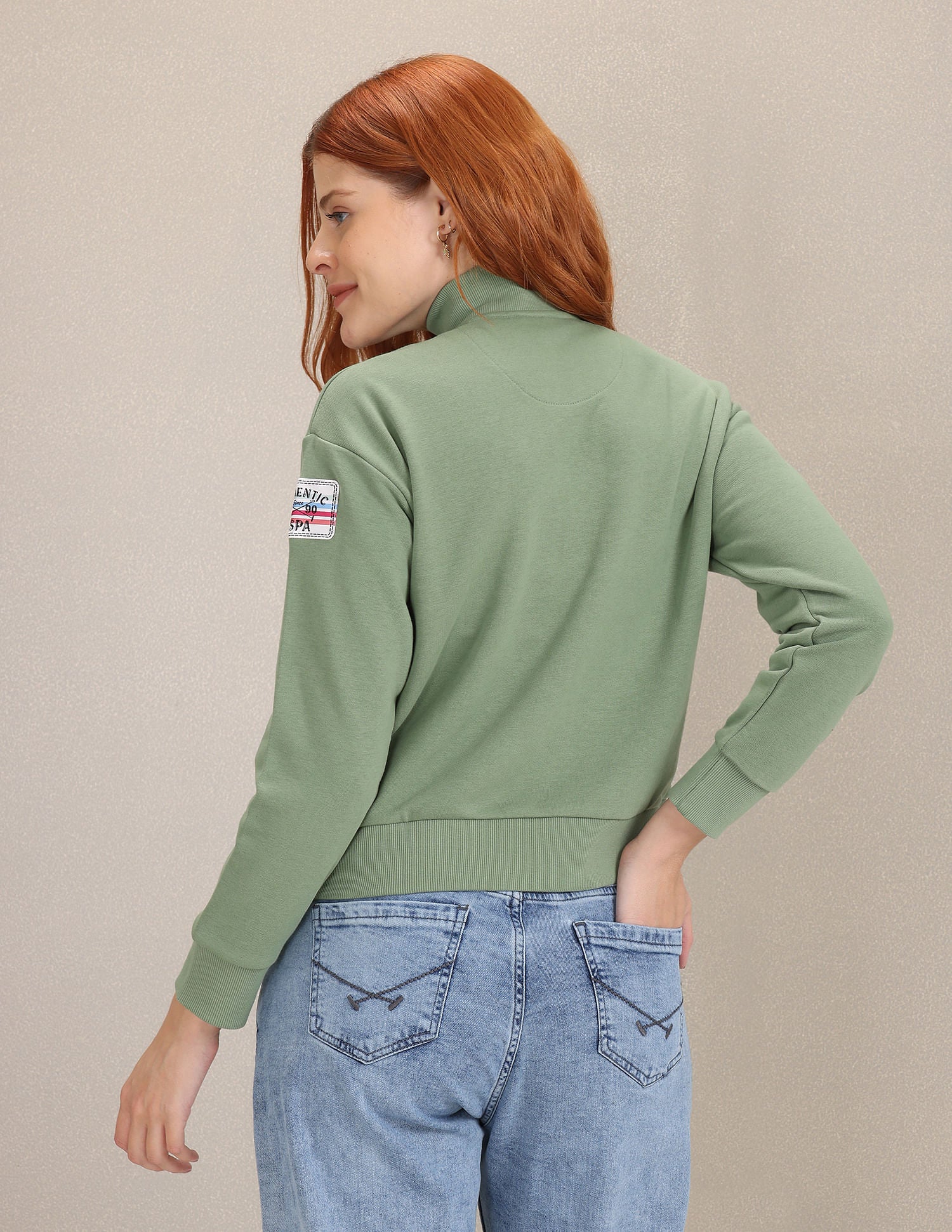 High Neck Solid Sweatshirt Sage Green - U.S. Polo Assn. India | Large