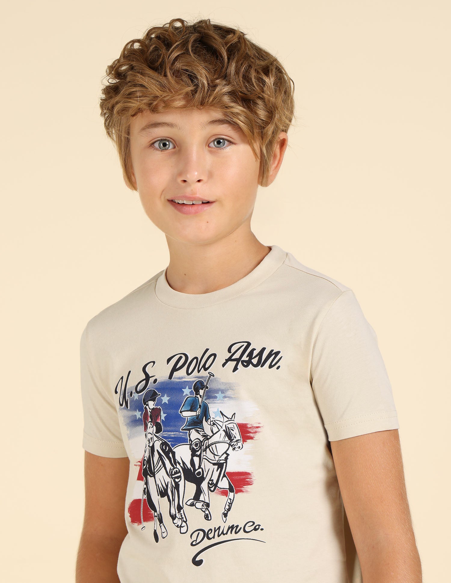 Boys Graphic Printed Regular Fit T-Shirt Beige - U.S. POLO ASSN. | Large