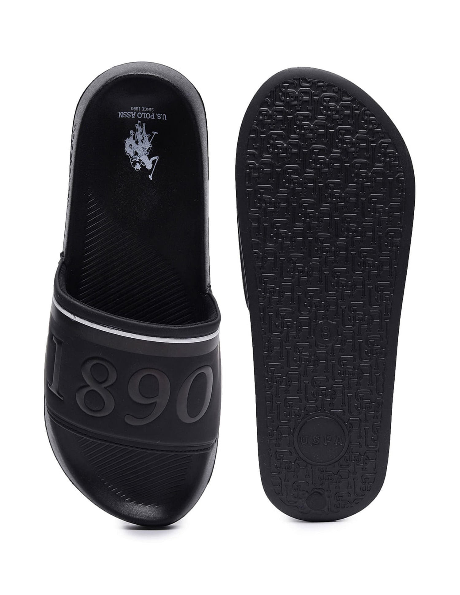 Men Brand Print Open Toe Raffer 7.0 Slides Black - U.S. Polo Assn. India | Large