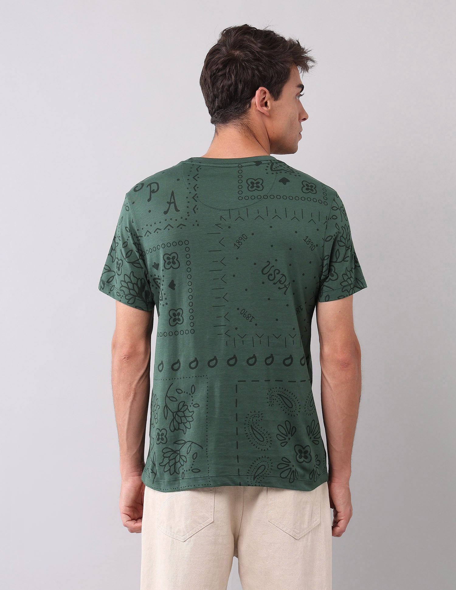 All Over Printed Pure Cotton T-Shirt Olive - U.S. Polo Assn. India | Large