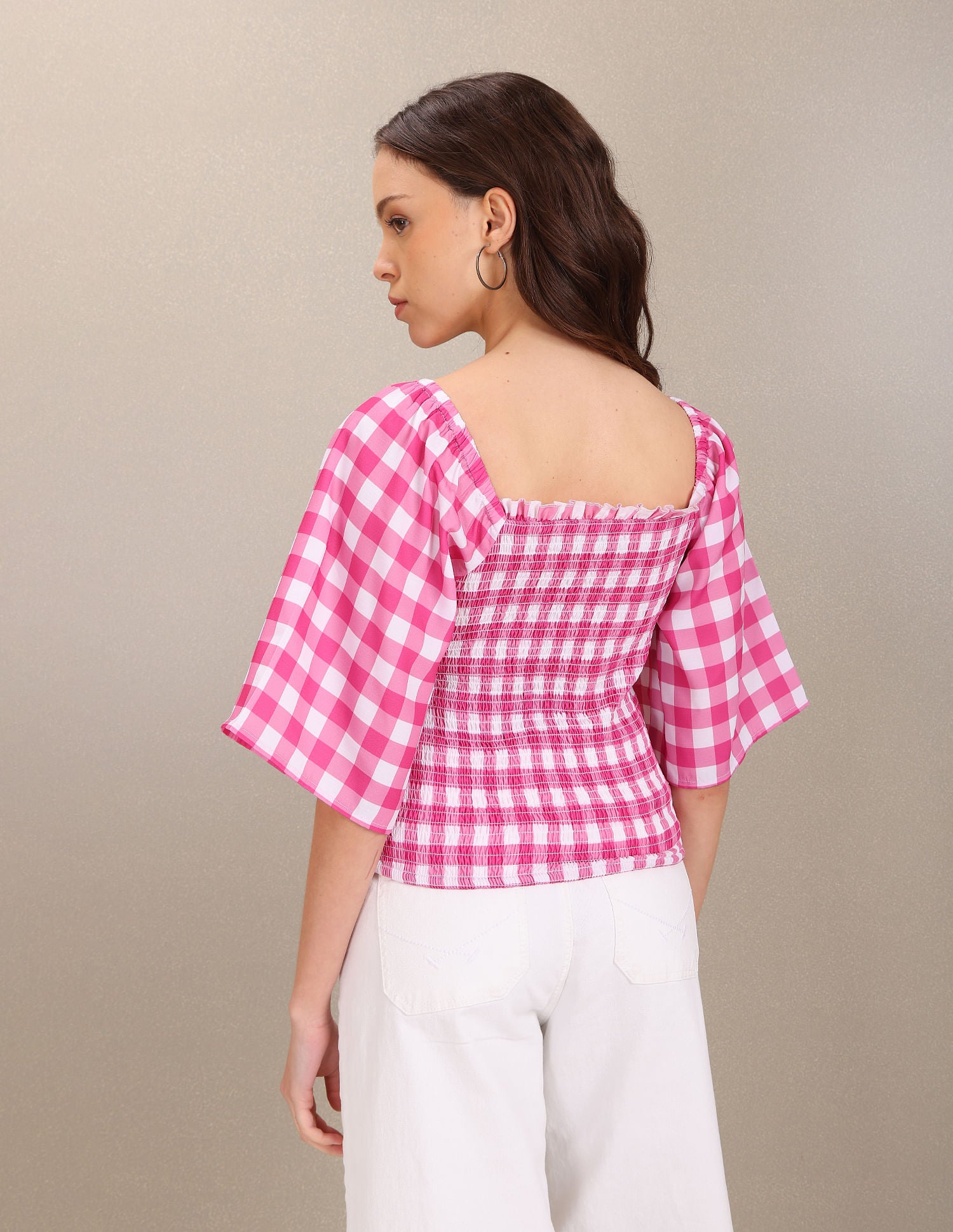 Square Neck Gingham Check Smocked Top Fuchsia - U.S. POLO ASSN. | Large