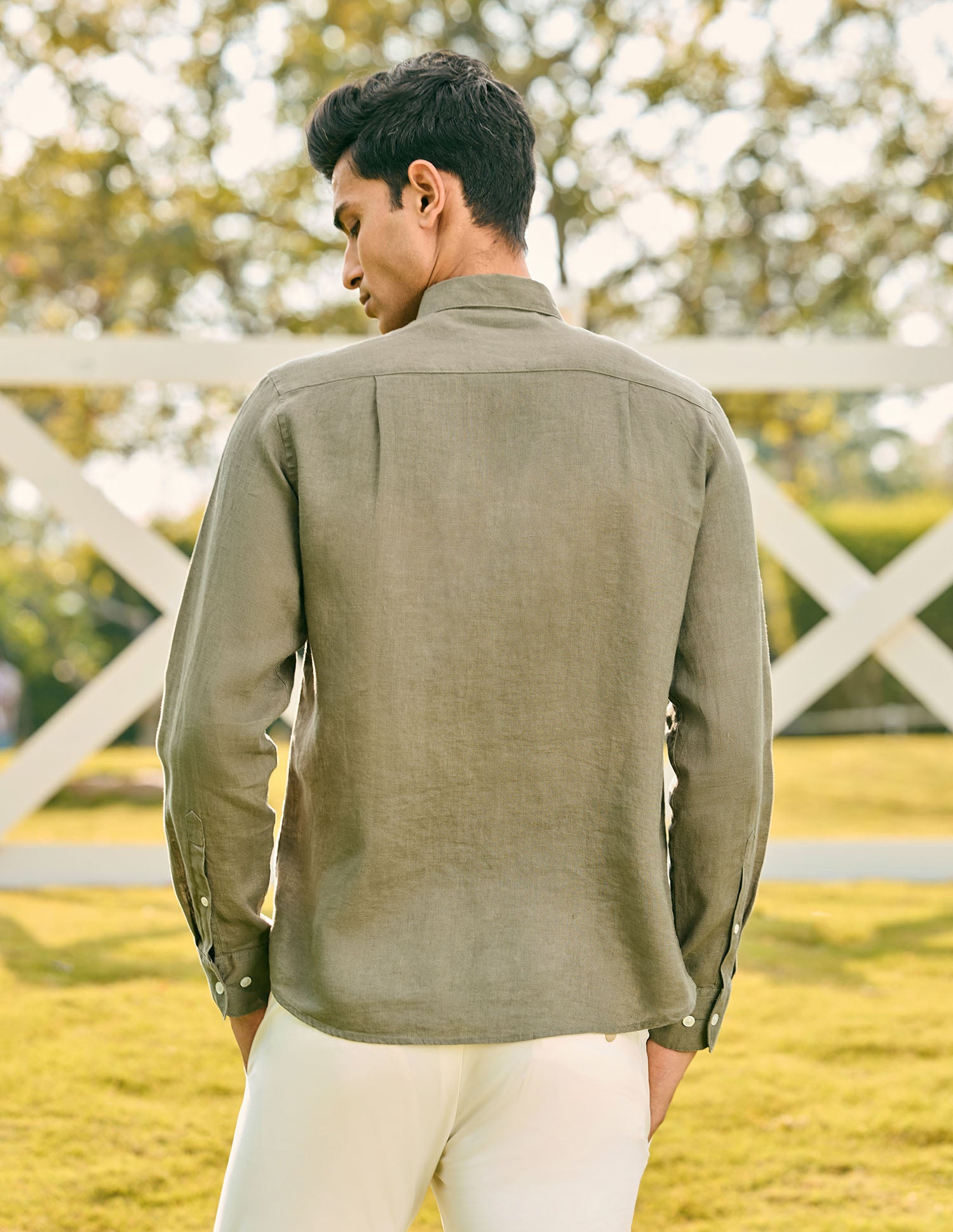 Pacho X Tailored Fit Pure Linen Shirt Olive - U.S. Polo Assn. India | Large