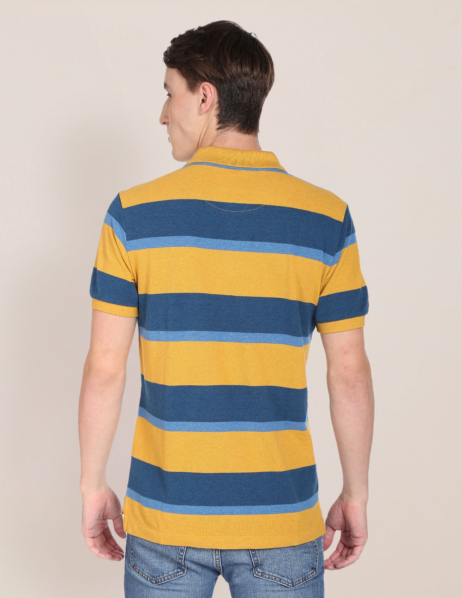 Ribbed Collar Horizontal Striped Polo Shirt Mustard and Blue - U.S. Polo Assn. India | Large