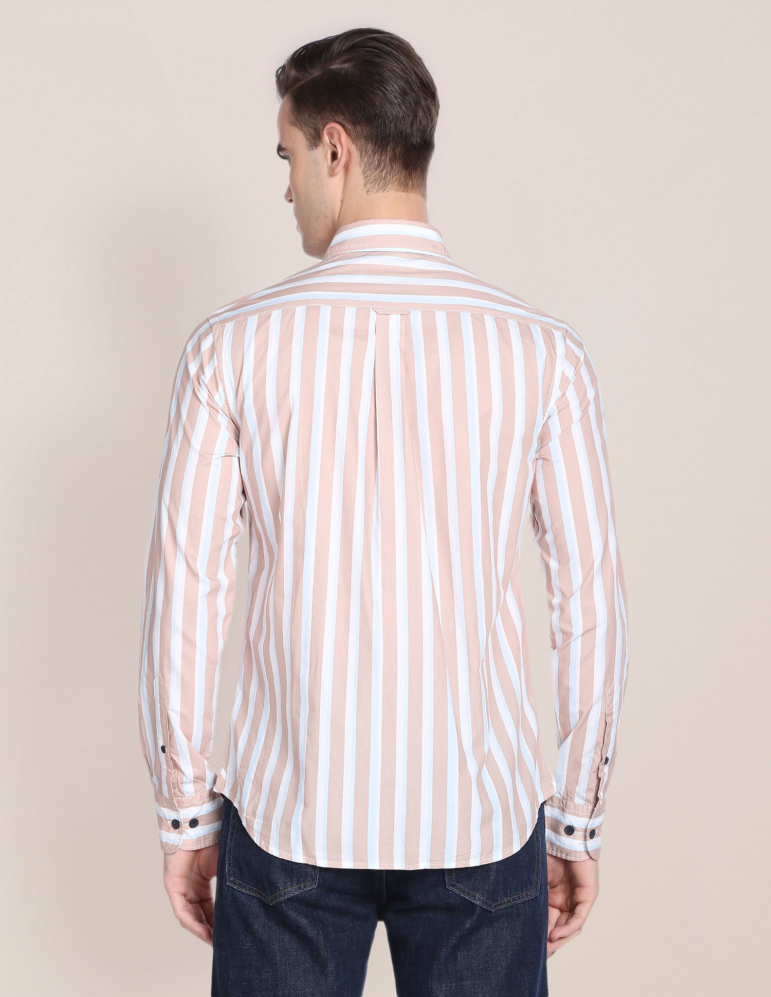 Men Beige Vertical Stripe Cotton Casual Shirt Beige - U.S. POLO ASSN. | Large