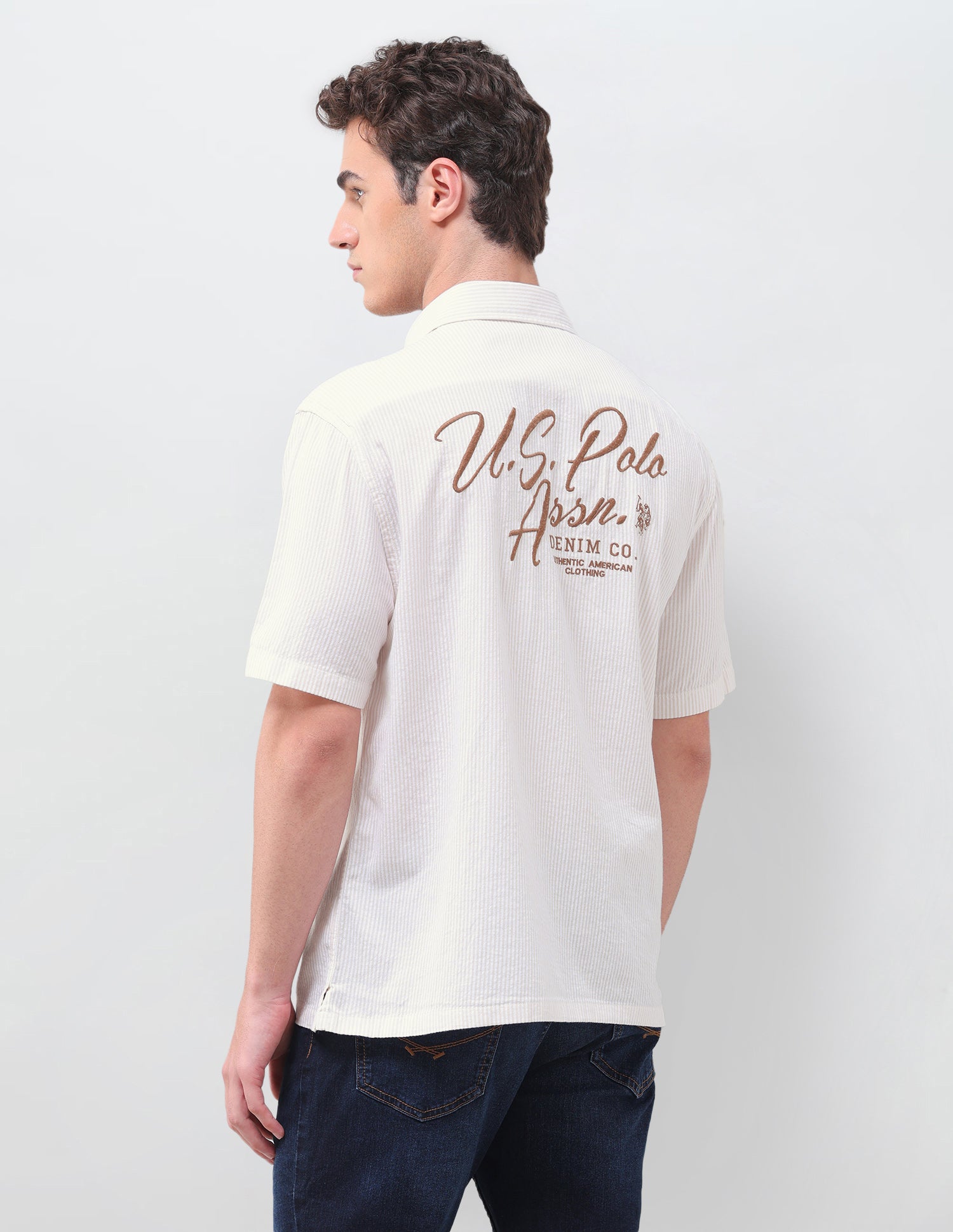 Vertical Striped Seersucker Weave Shirt Beige - U.S. Polo Assn. India | Large