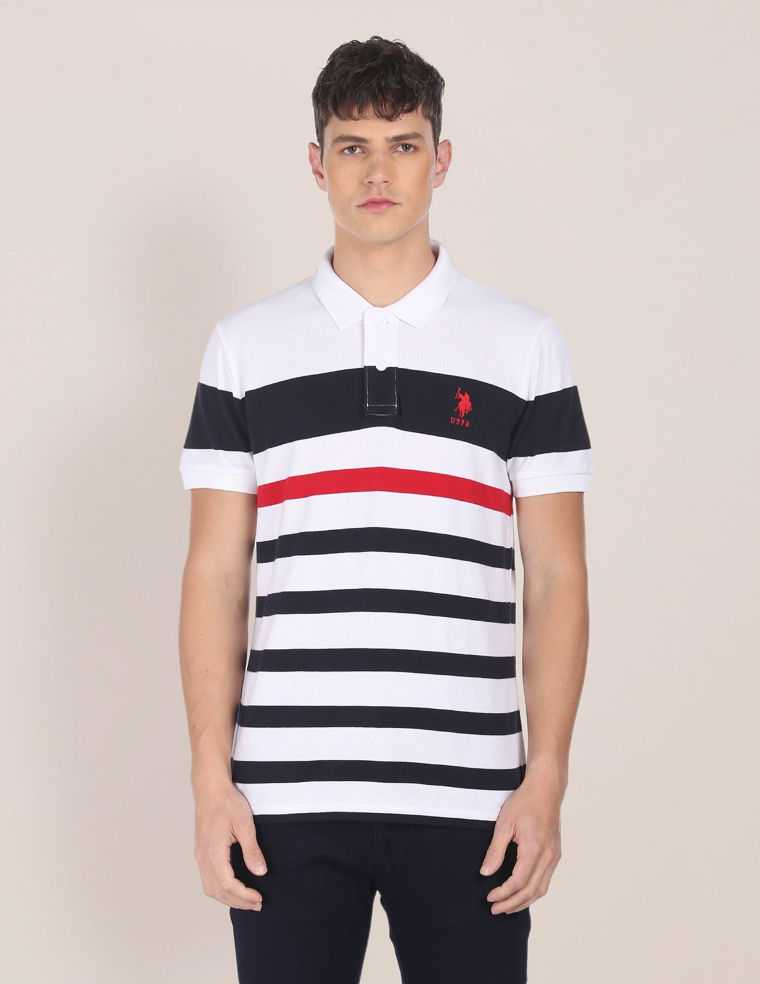 Men White Cotton Striped Polo Shirt White - U.S. Polo Assn. India | Large