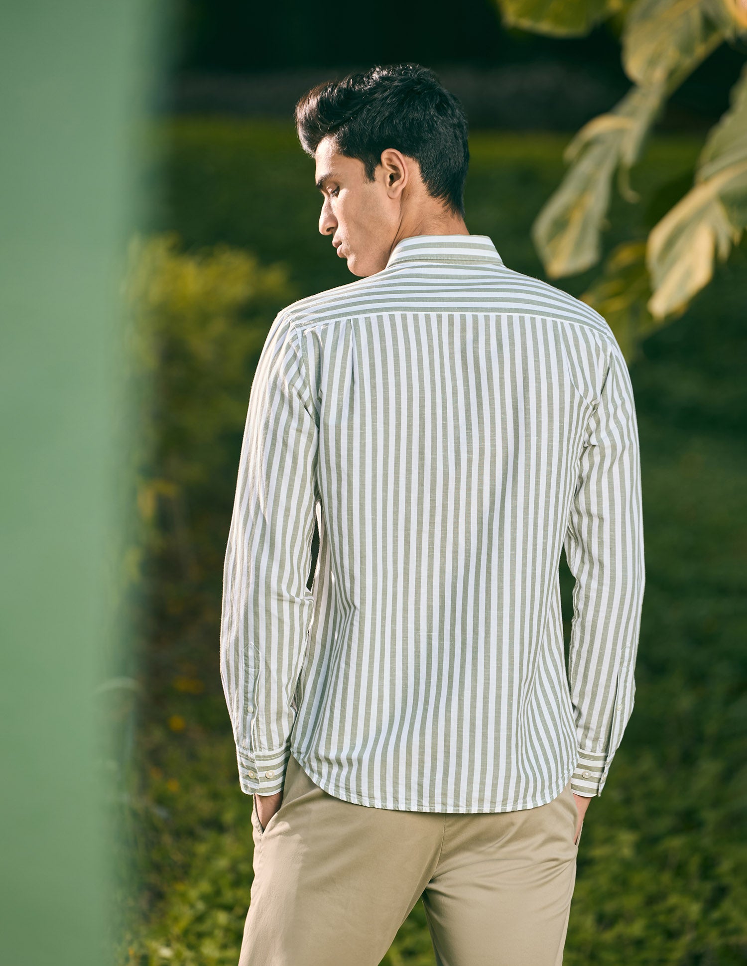 Pacho X Vertical Stripe Cotton Linen Shirt Light Green - U.S. POLO ASSN. | Large