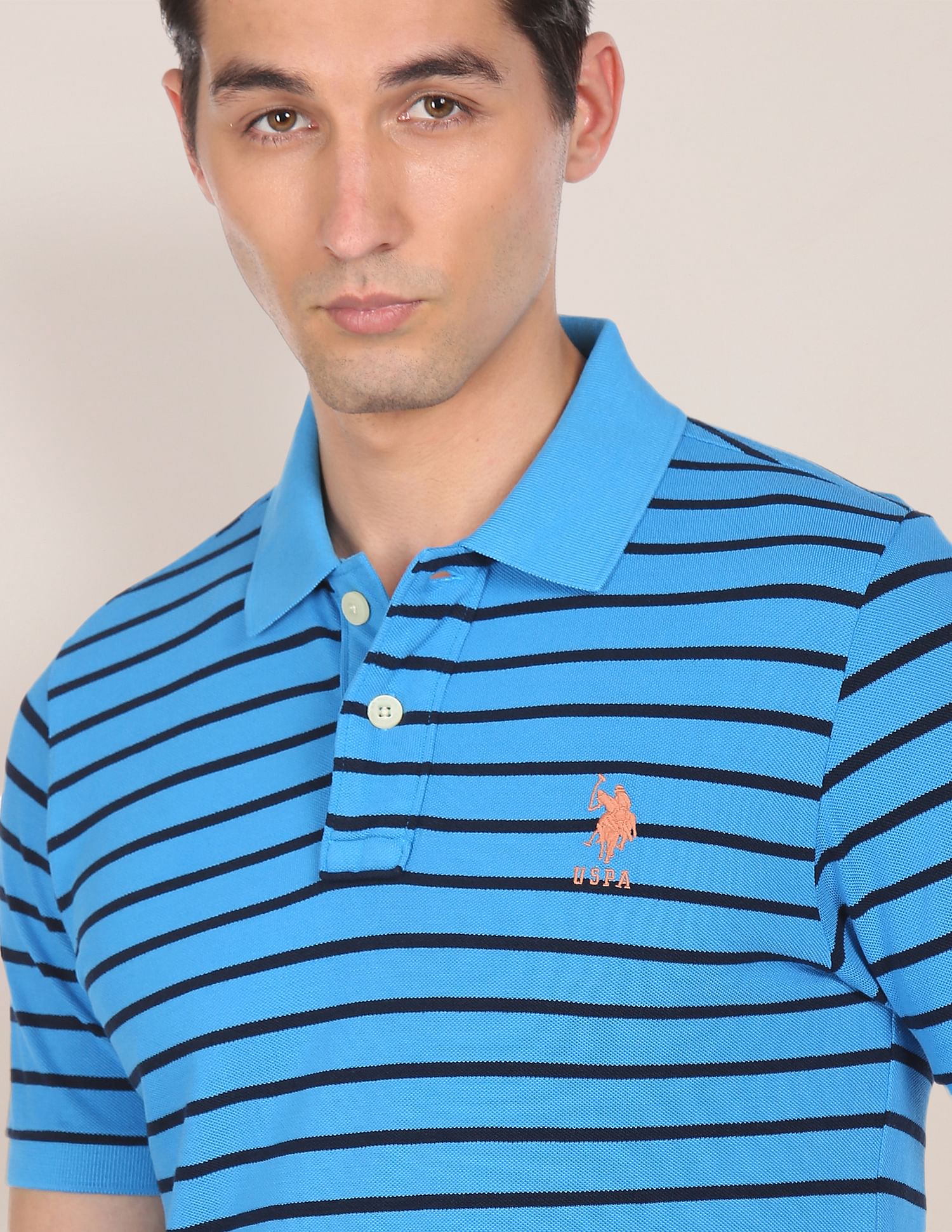 Ribbed Collar Striped Polo Shirt Blue - U.S. Polo Assn. India | Large