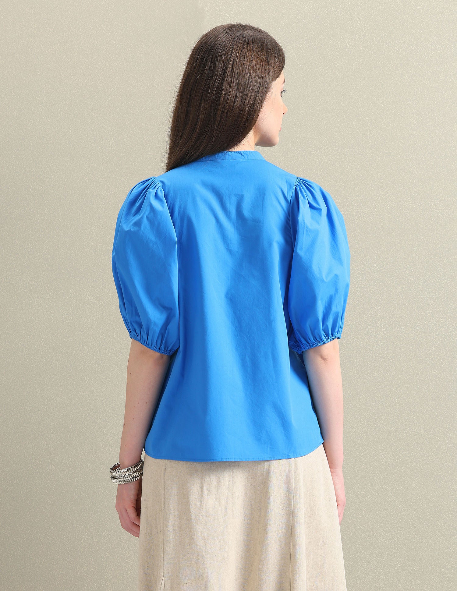 Puff Sleeve Relaxed Poplin Top Blue - U.S. POLO ASSN. | Large