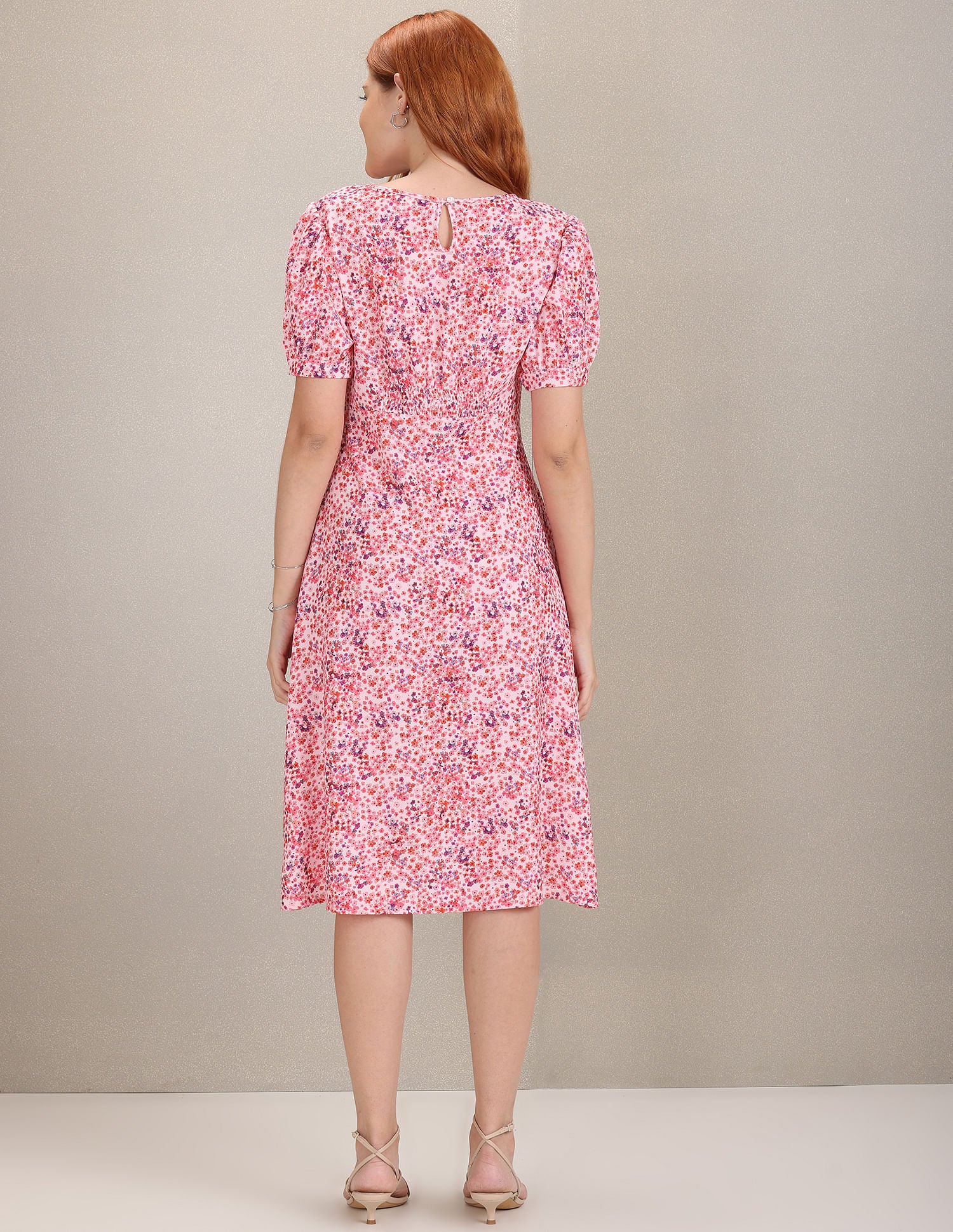 Puff Sleeve Floral Fit And Flare Dress Pink - U.S. Polo Assn. India | Large