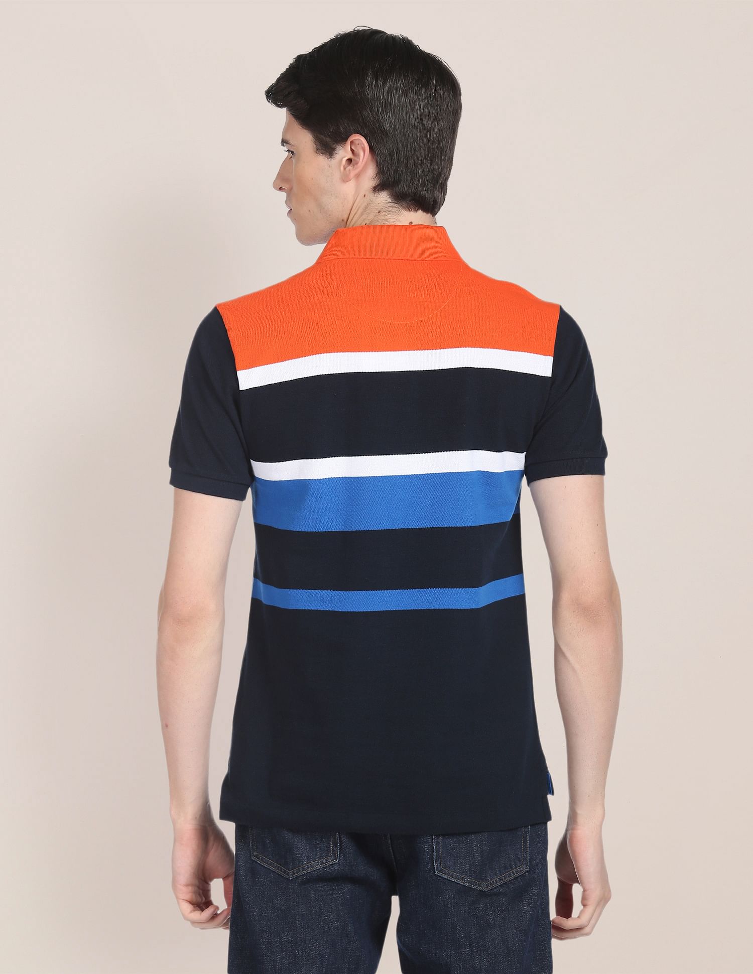 ◇SATUR◇ Striped Pique Polo Long Sleeve Navy SA243MLS05NV