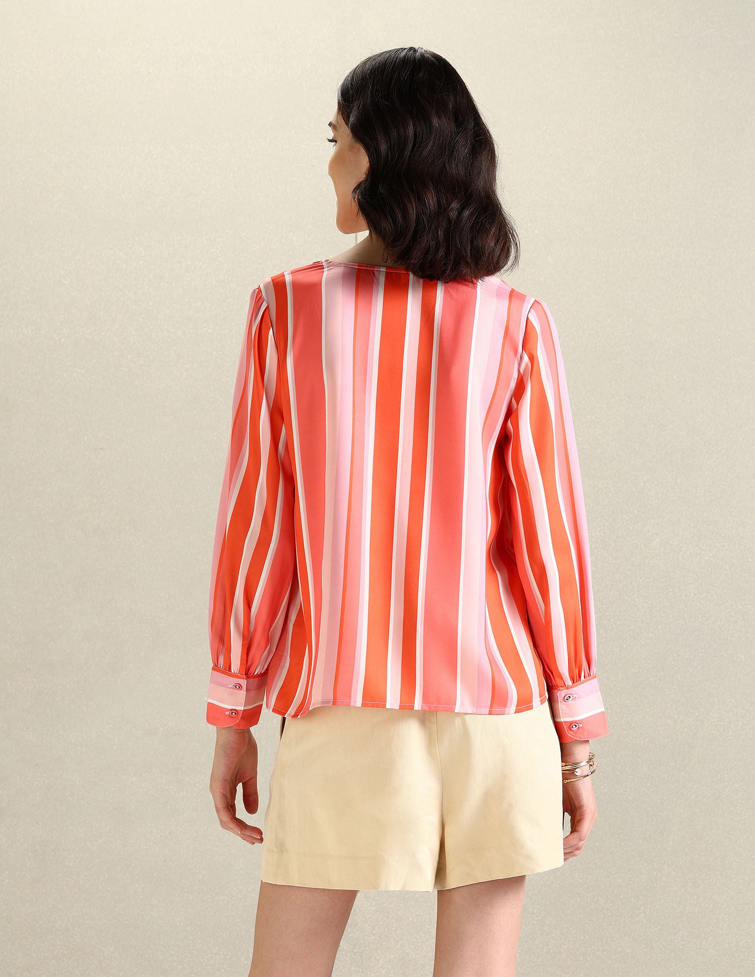 Vertical Stripe V-Neck Top Peach and Orange - U.S. Polo Assn. India | Large