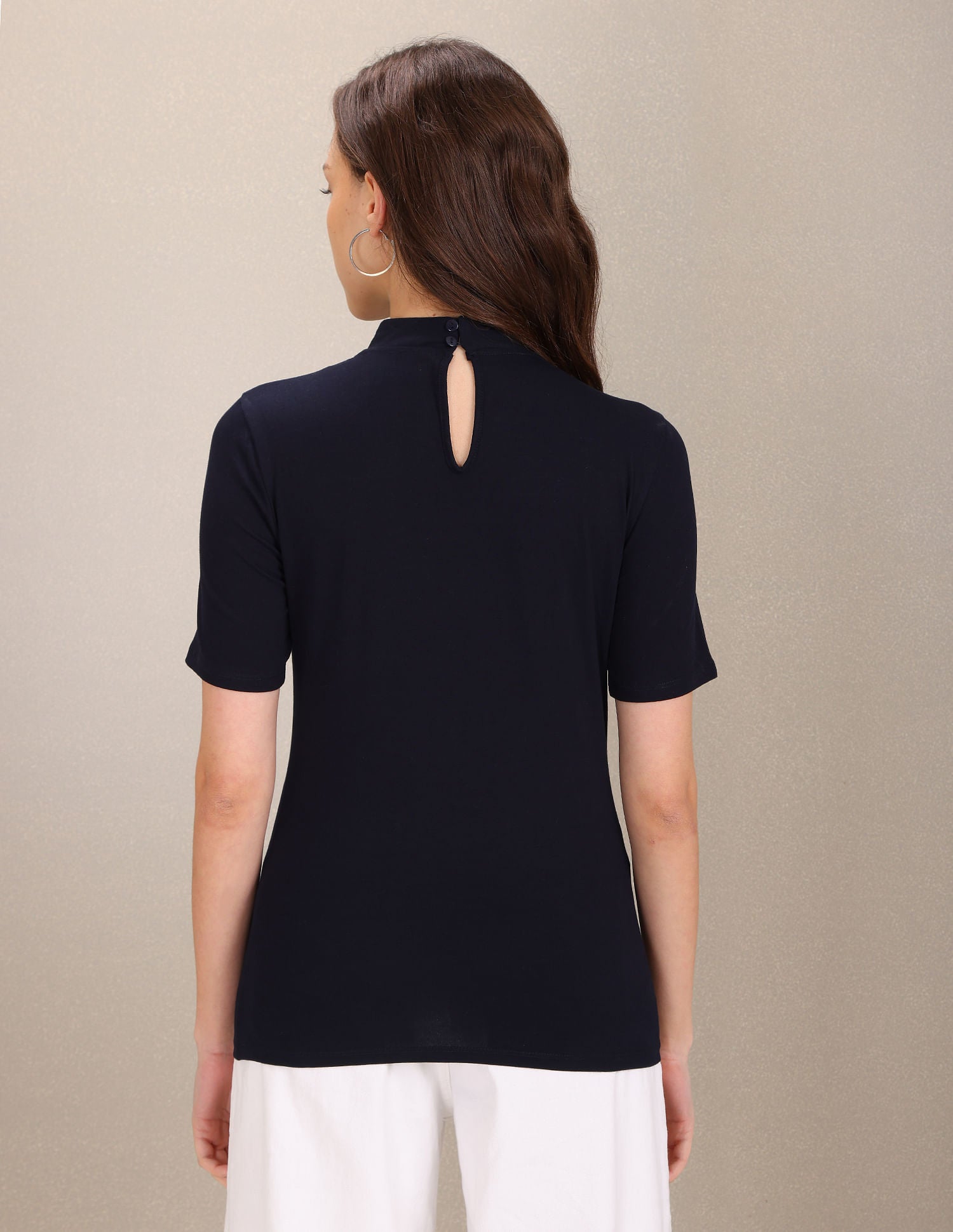 Stand Neck Typographic Print Solid T-Shirt Navy - U.S. POLO ASSN. | Large