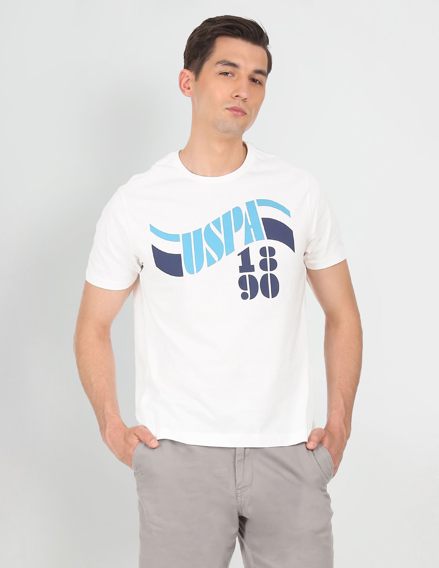 Men White Crew Neck Cotton Brand Print T-Shirt White - U.S. Polo Assn. India | Large