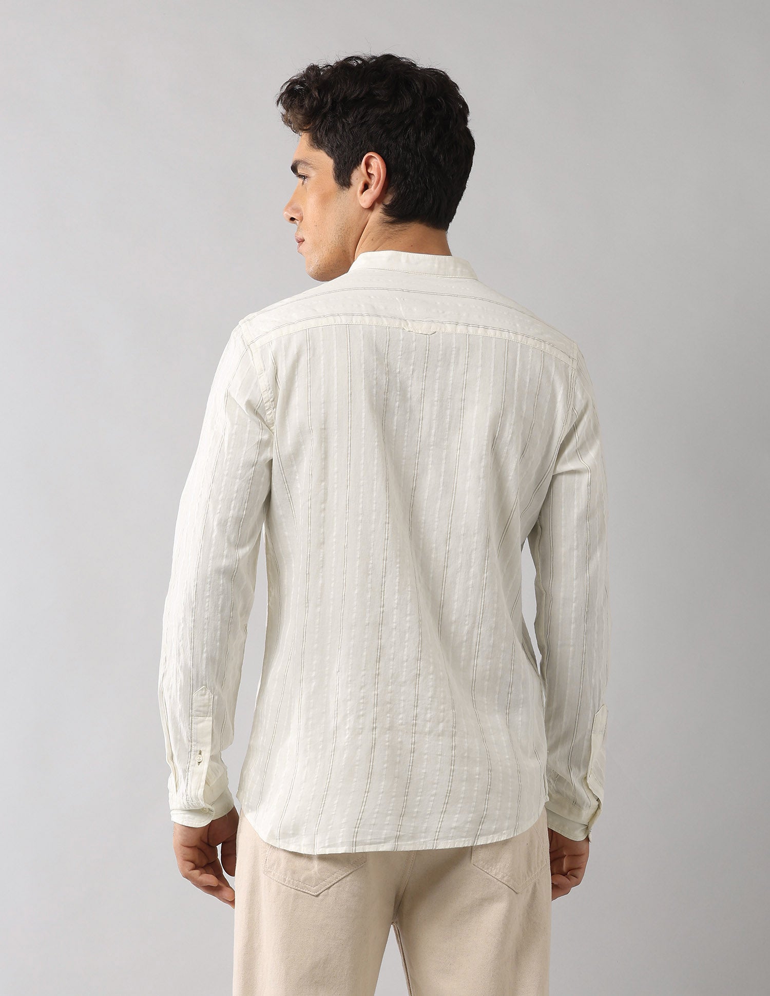 Mandarin Collar Vertical Striped Shirt Off White - U.S. Polo Assn. India | Large