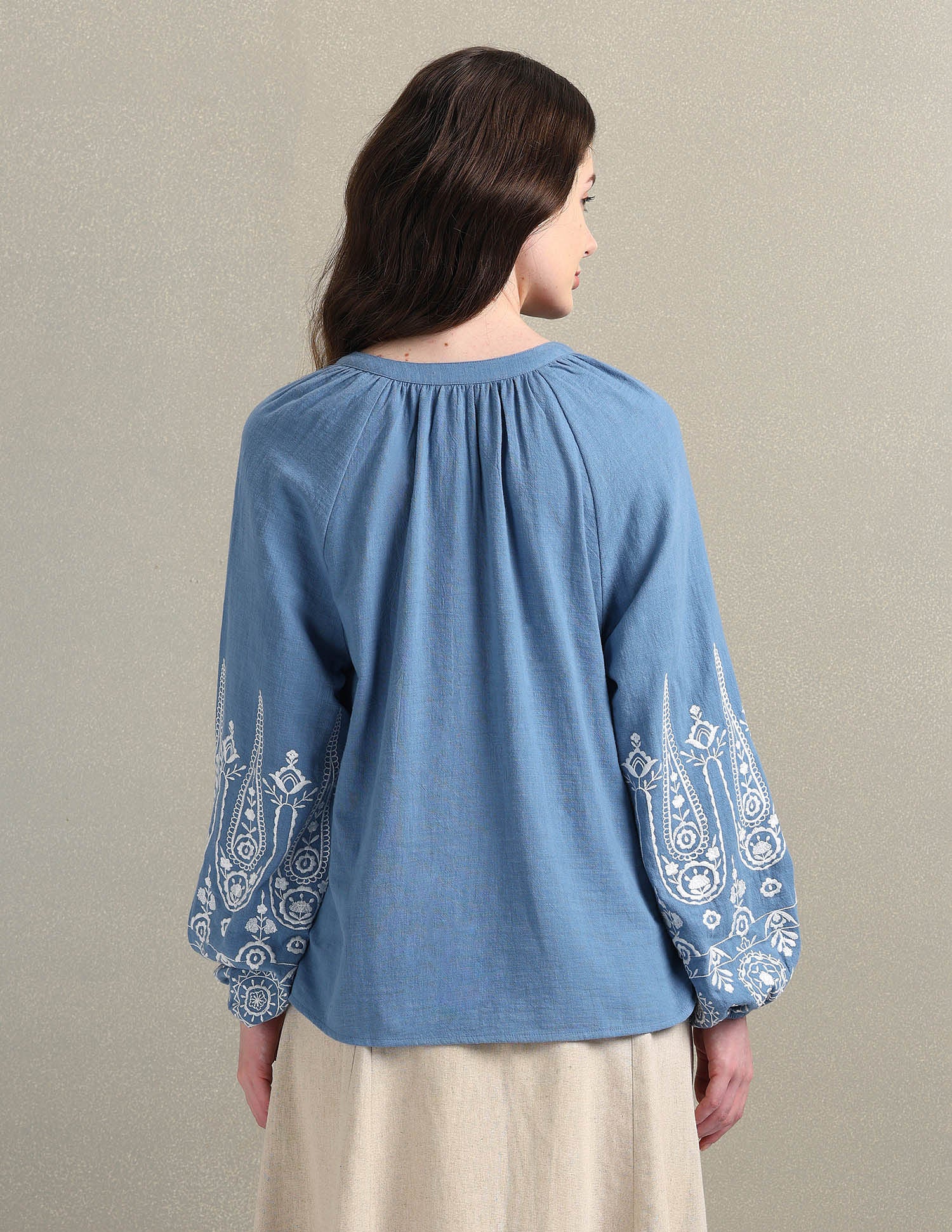 Cotton Flax Embroidered Blouson Top Blue - U.S. POLO ASSN. | Large