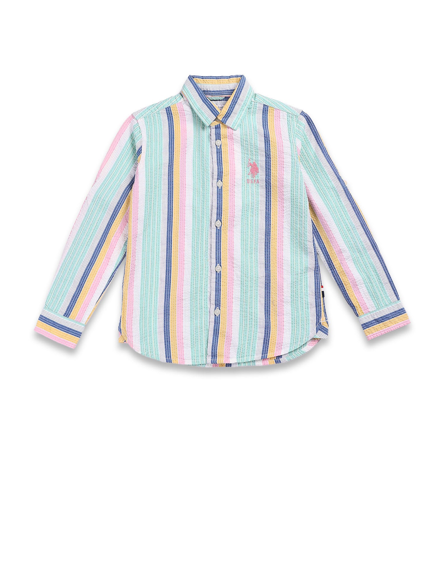 Boys Vertical Stripe Seersucker Shirt Blue, White and Green - U.S. POLO ASSN. | Large