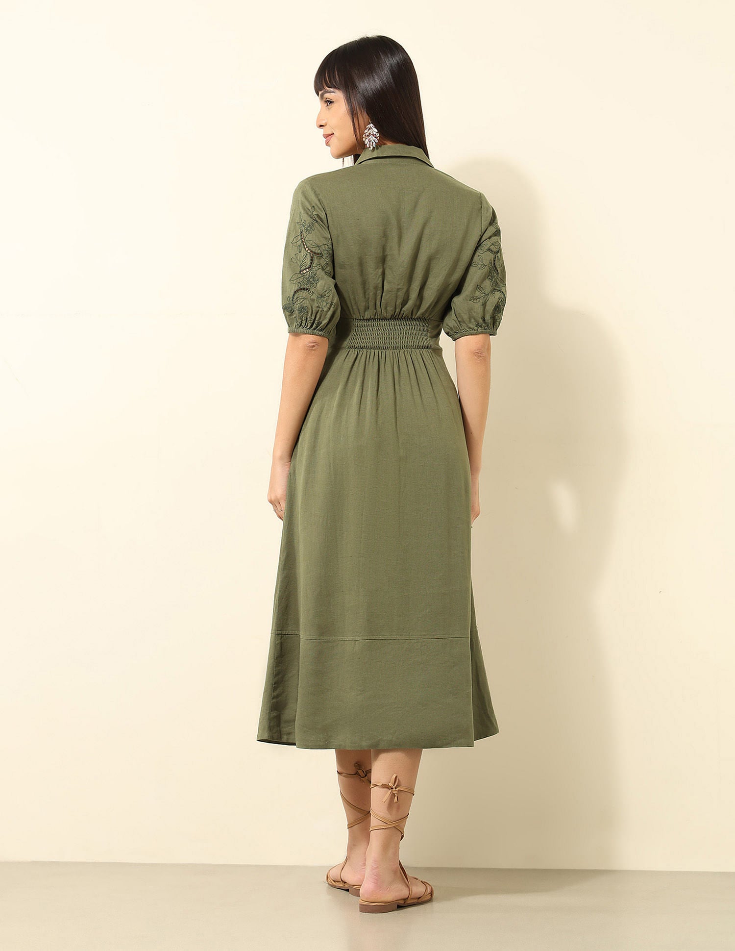 Viscose Linen A-Line Midi Dress Olive - U.S. Polo Assn. India | Large