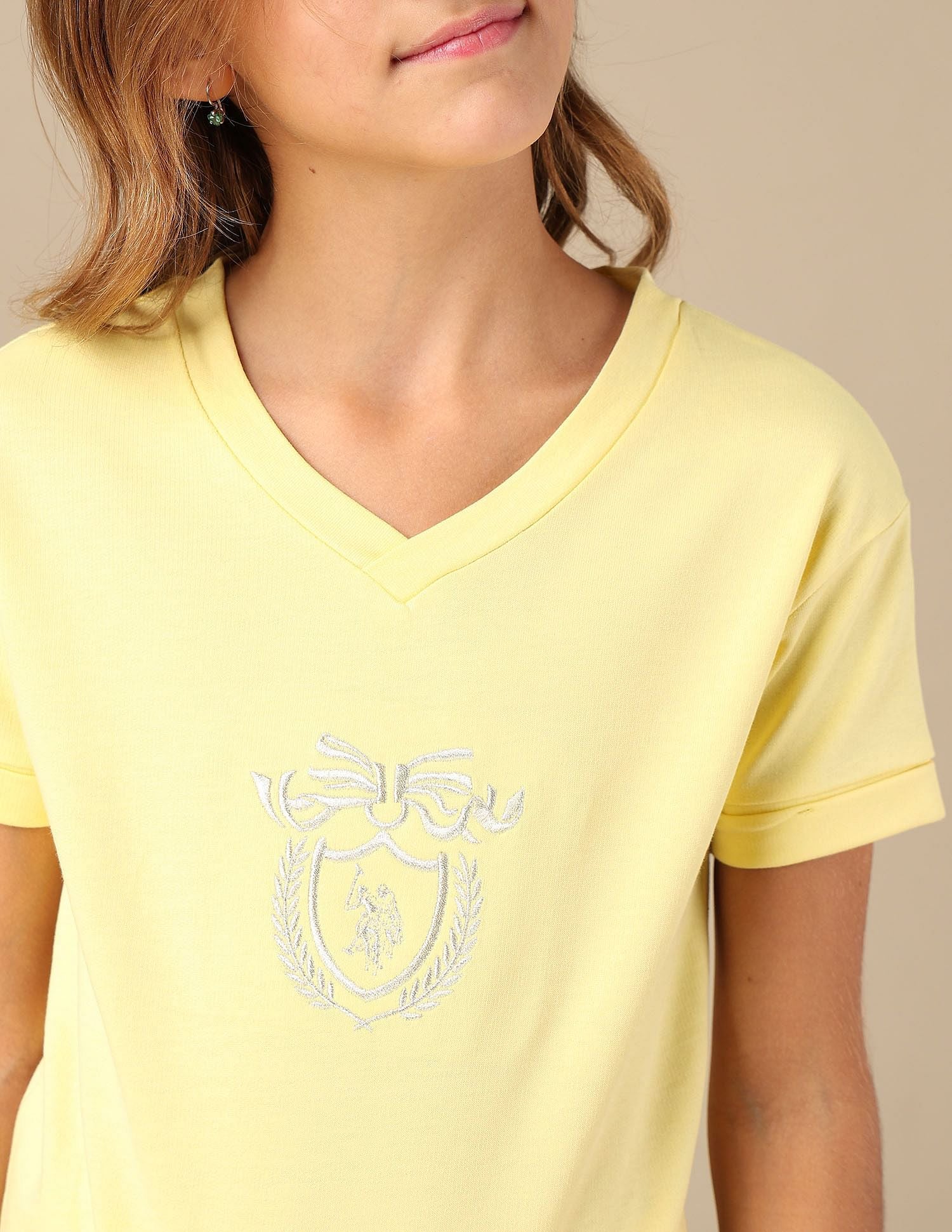 Girls Crest Embroidered Cotton T-Shirt Light Yellow - U.S. POLO ASSN. | Large