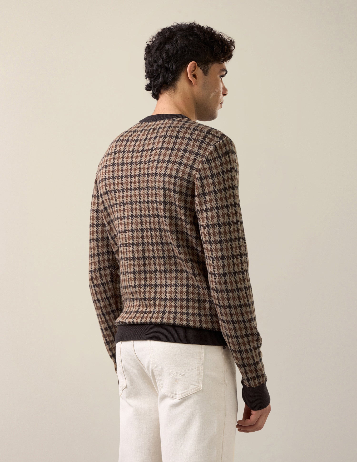 Houndstooth Patterned Knit Slim Fit Sweater Light Brown - U.S. Polo Assn. India | Large
