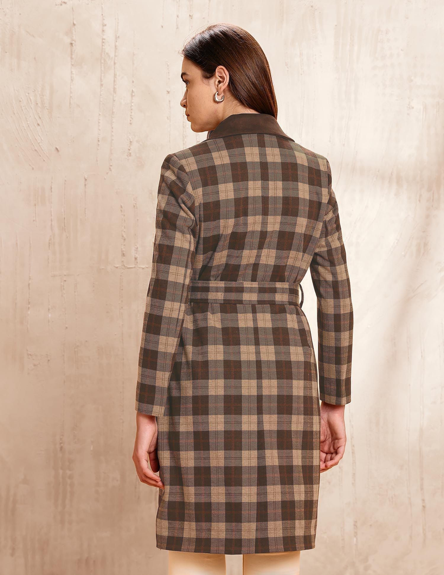 Checked Double Breasted Notch Lapel Trench Coat Brown - U.S. POLO ASSN. | Large