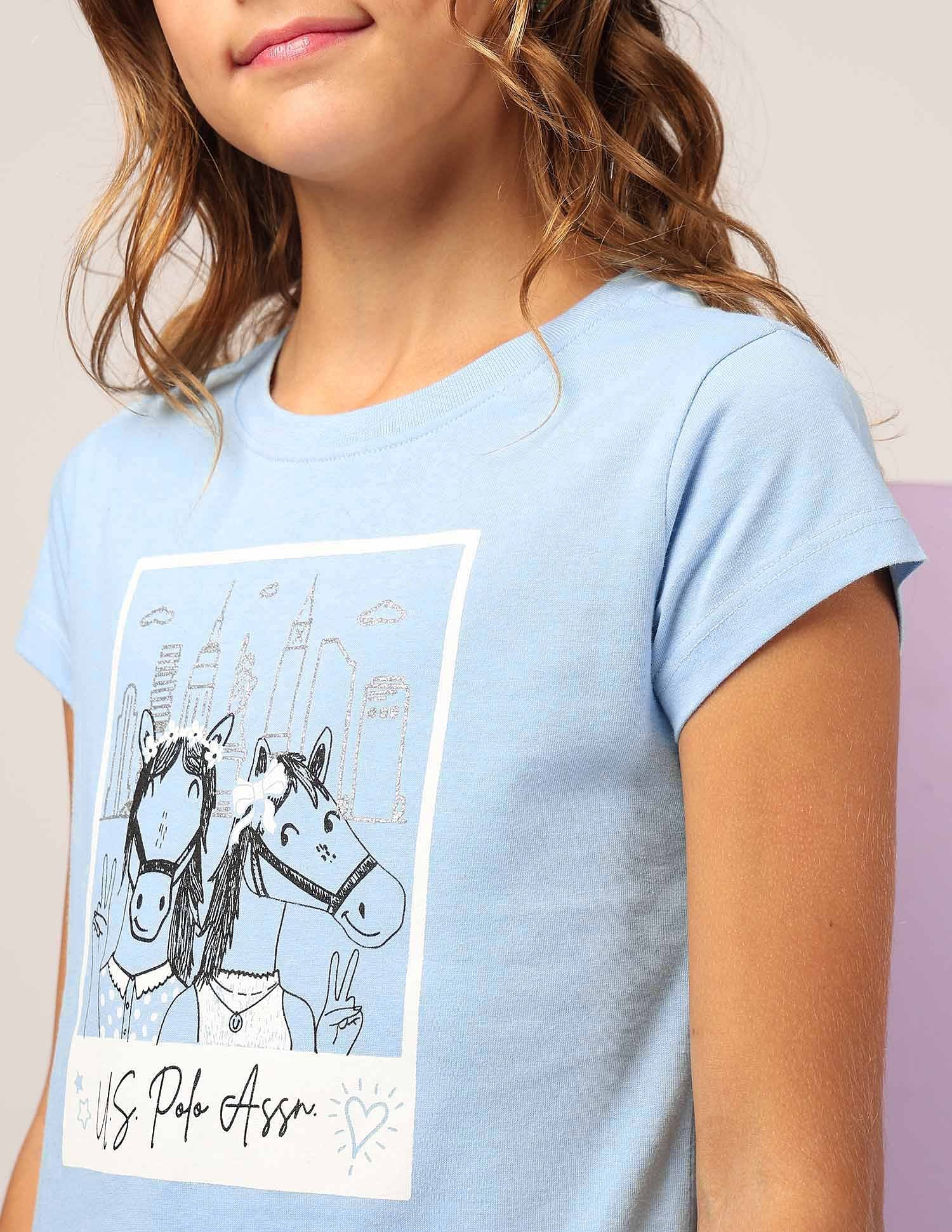 Girls Graphic Printed Regular Fit T-Shirt Light Blue - U.S. POLO ASSN. | Large