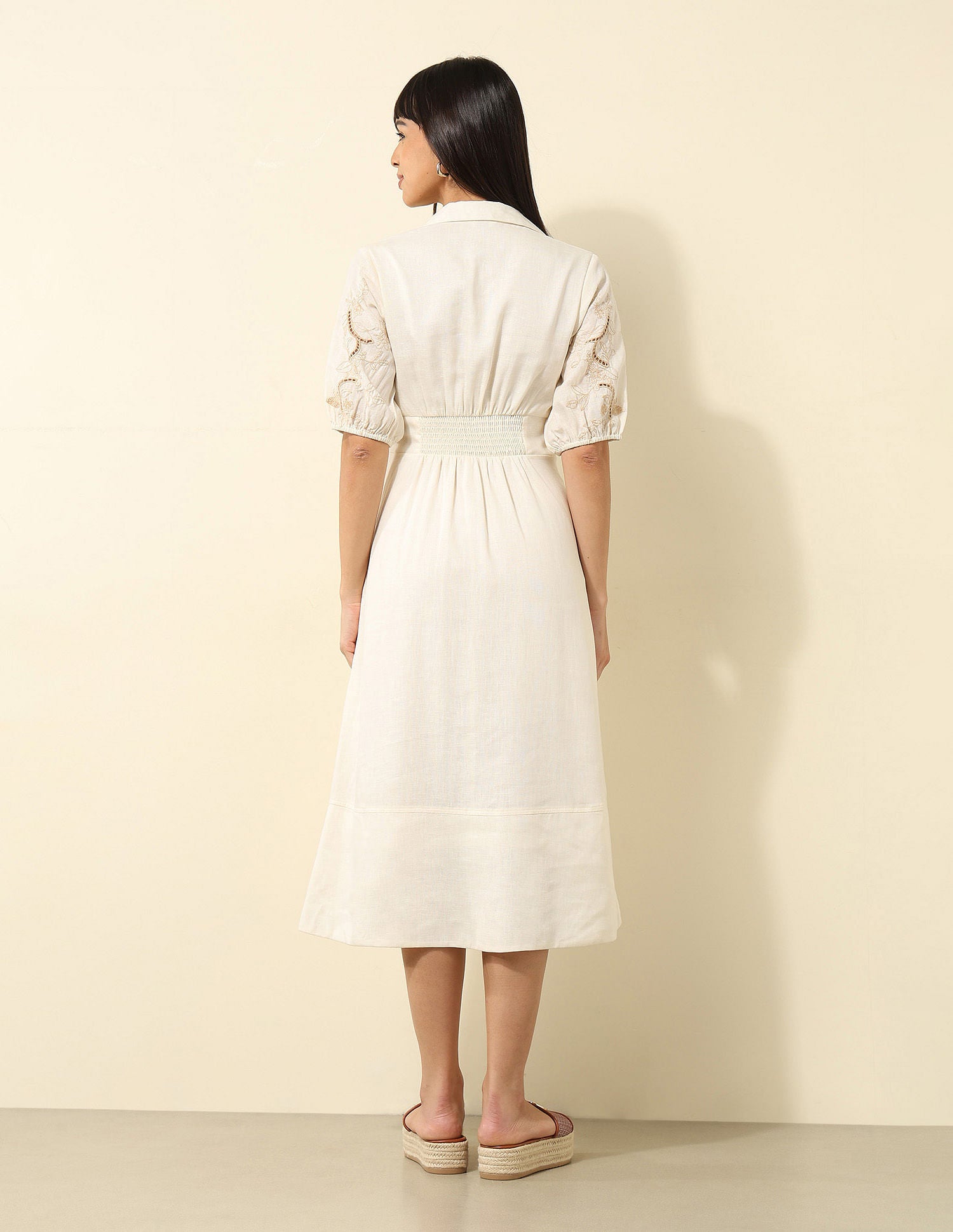 Viscose Linen A-Line Midi Dress Ecru - U.S. Polo Assn. India | Large