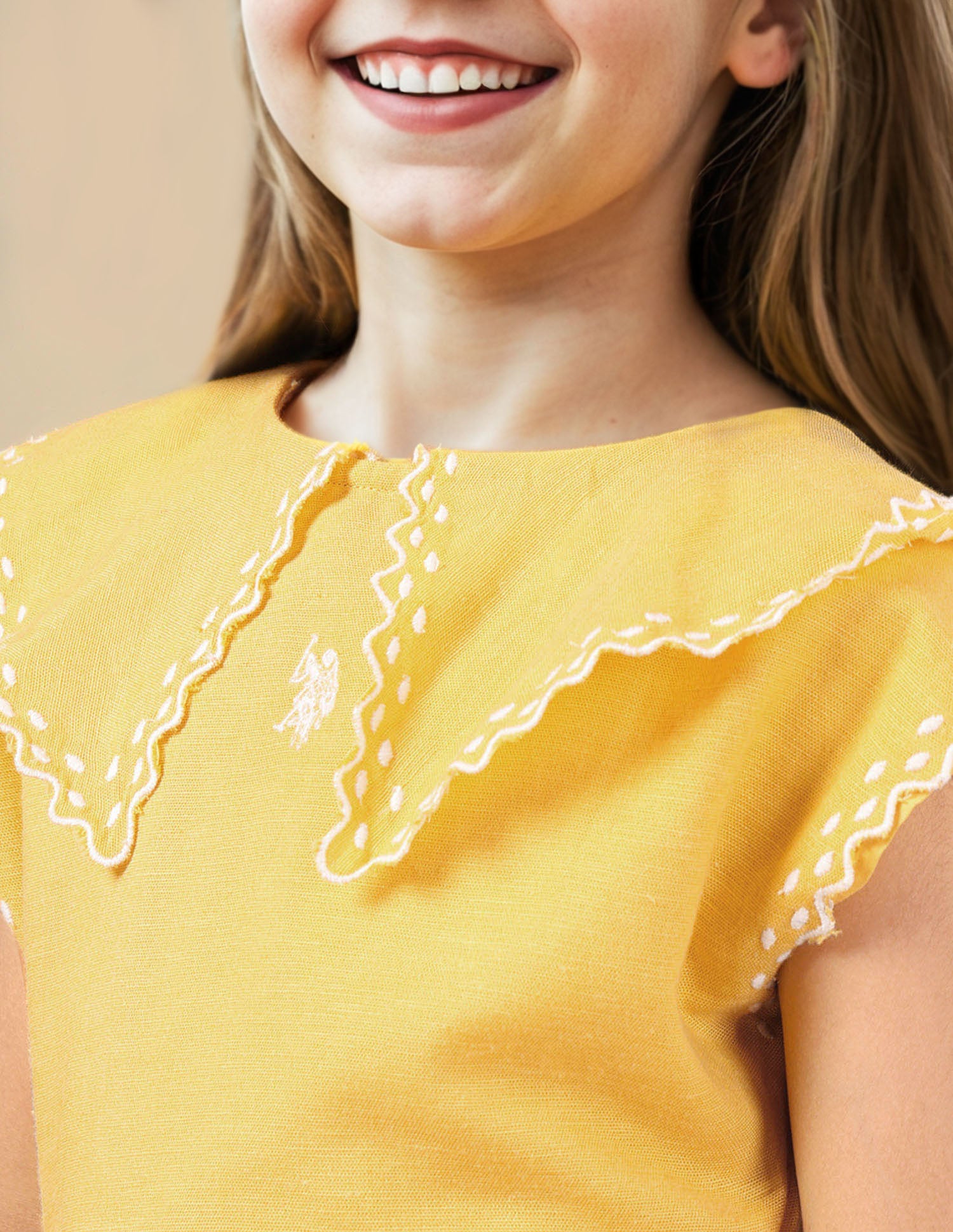 Girls Embroidered Collar Pure Cotton Dress Light Yellow - U.S. POLO ASSN. | Large