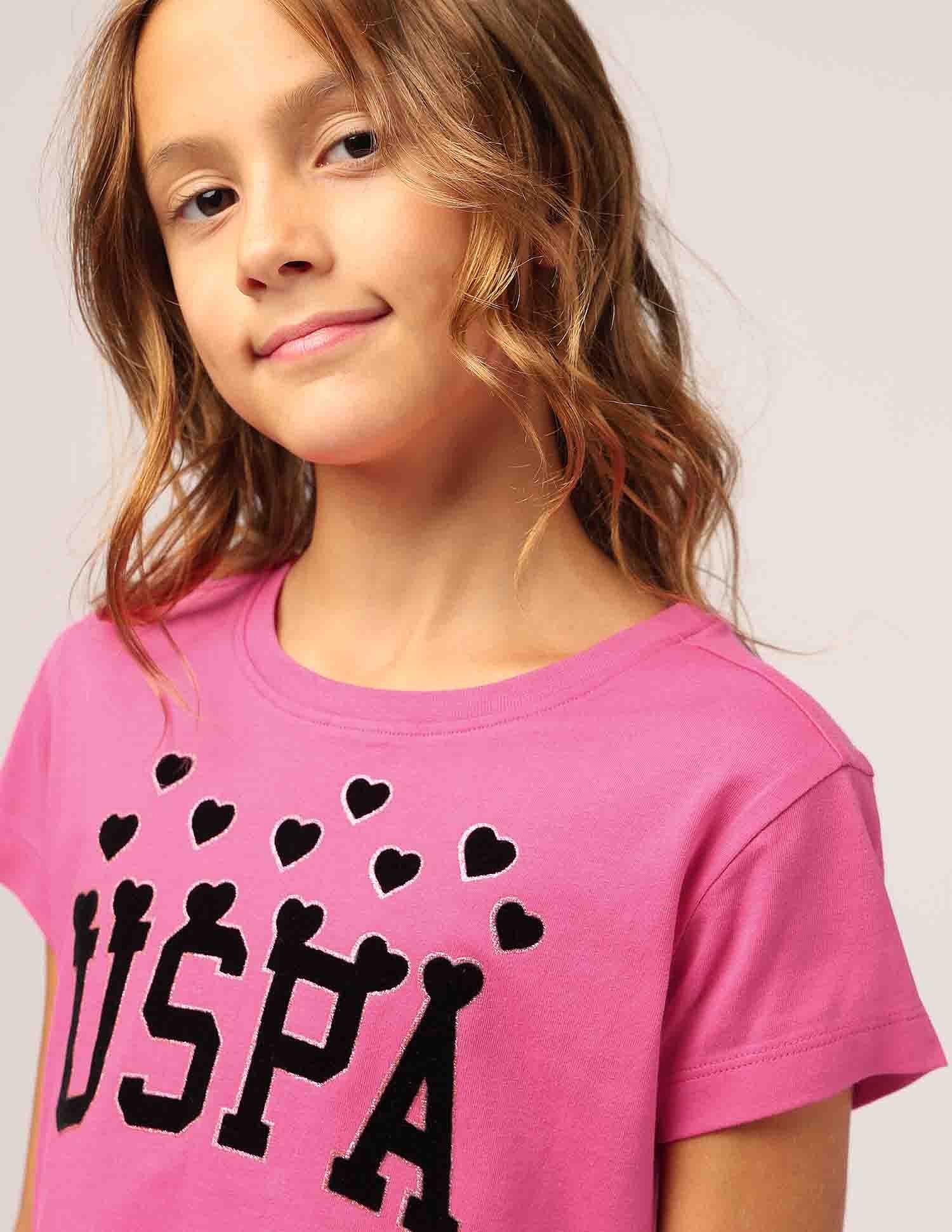 Girls Puff Print Relaxed Fit T-Shirt Dark Pink - U.S. POLO ASSN. | Large