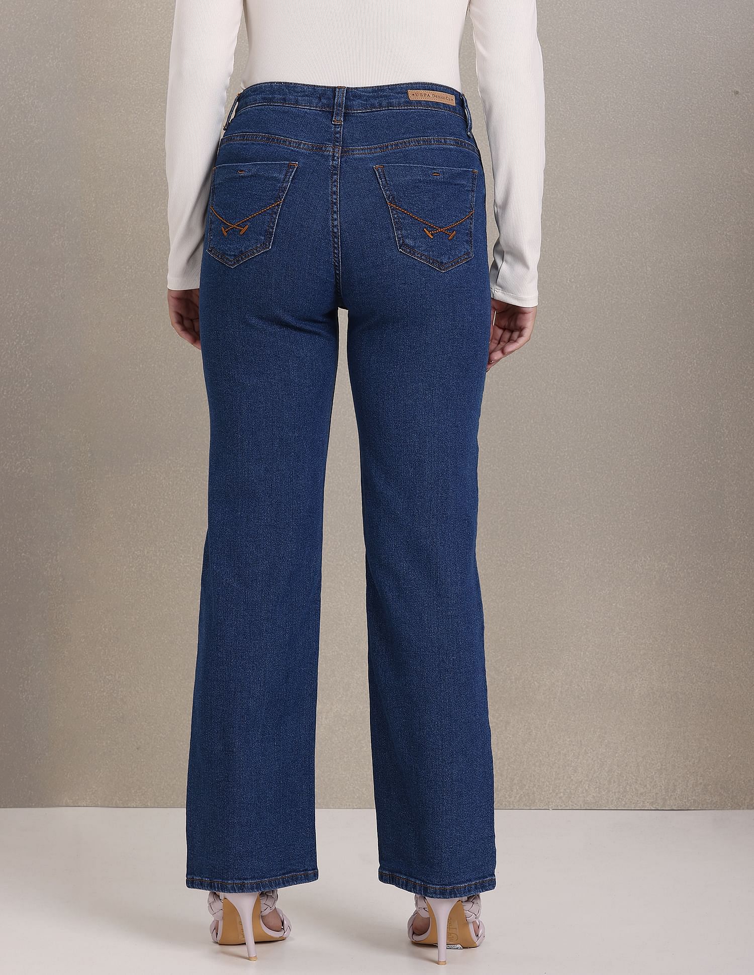 High Rise Stone Wash Flared Jeans Blue - U.S. POLO ASSN. | Large