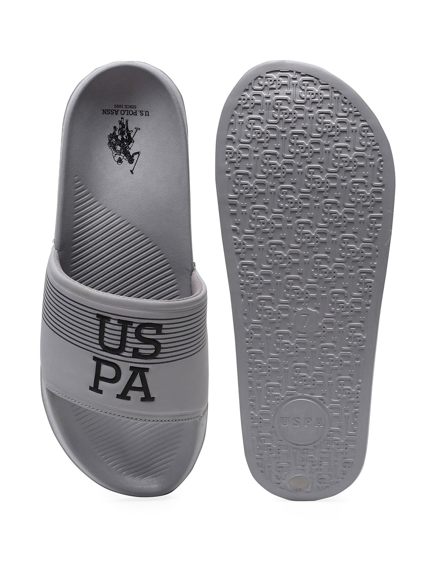 Men Brand Print Open Toe Beesley 6.0 Slides Grey - U.S. Polo Assn. India | Large