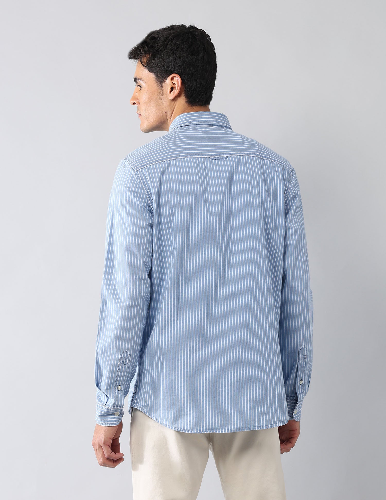 Vertical Striped Twill Pure Cotton Shirt Light Indigo - U.S. Polo Assn. India | Large