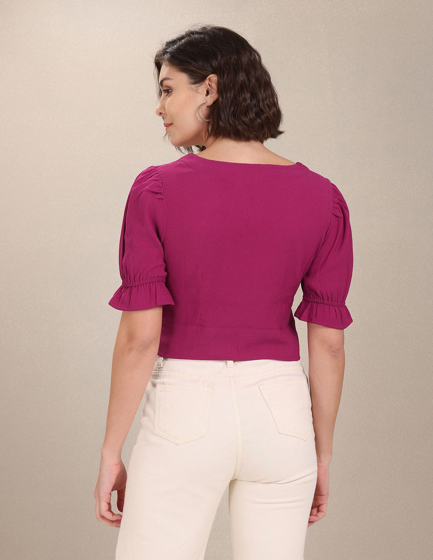 V-Neck Puff Sleeve Crop Top Fuchsia - U.S. Polo Assn. India | Large