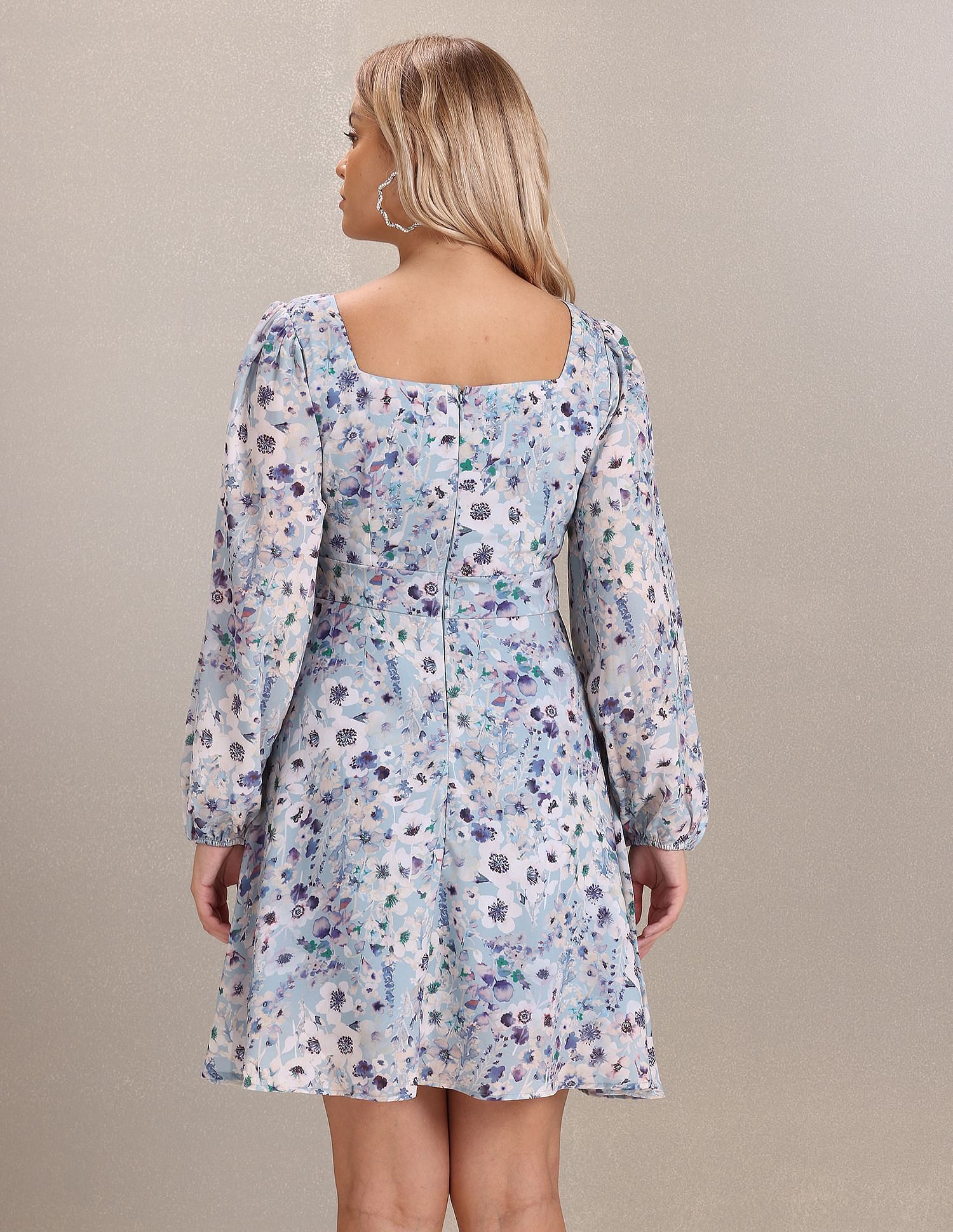 Square Neck Floral Print Fit And Flare Dress Blue - U.S. Polo Assn. India | Large