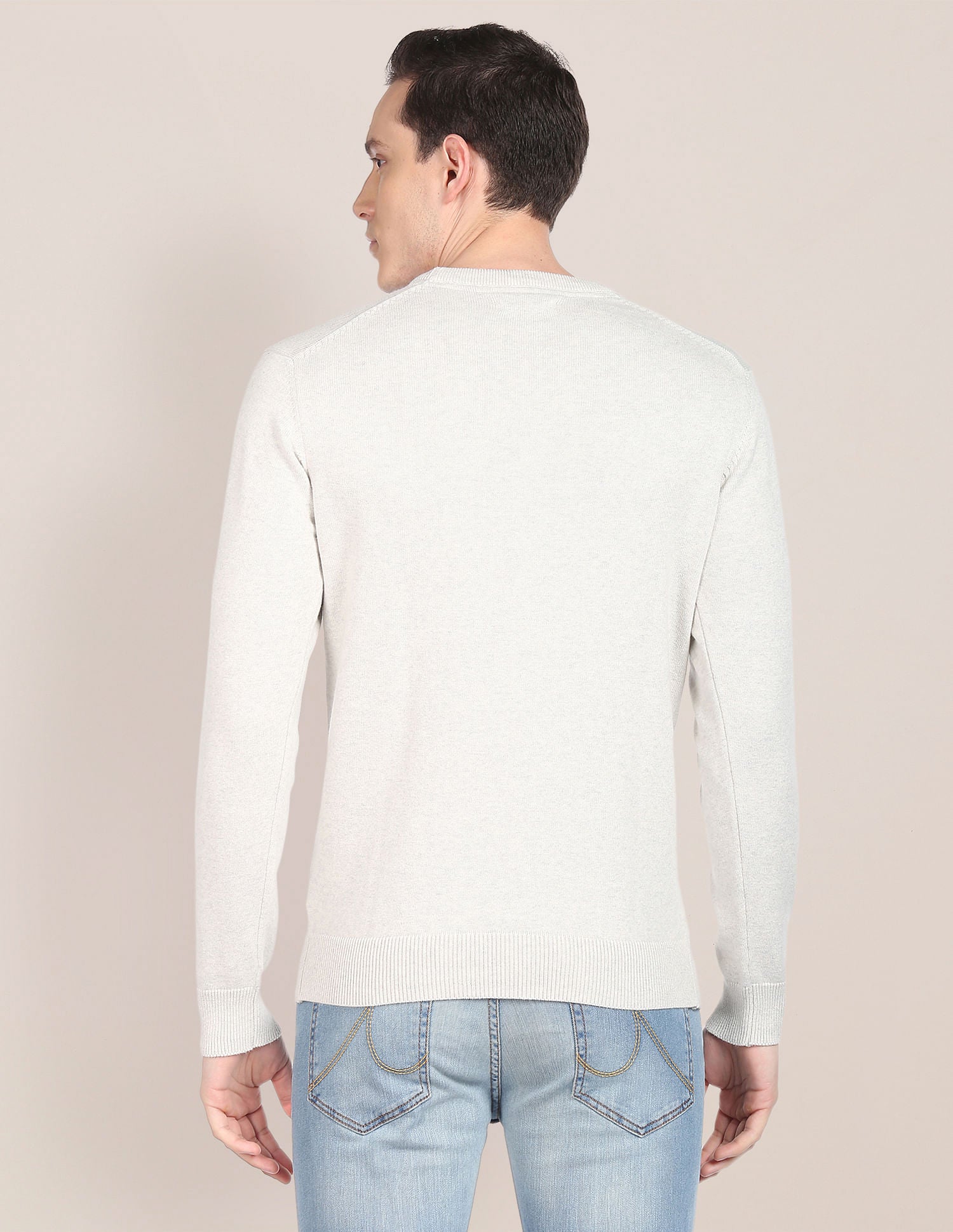 Crew Neck Heathered Patterned Knit Sweater Ecru - U.S. Polo Assn. India | Large