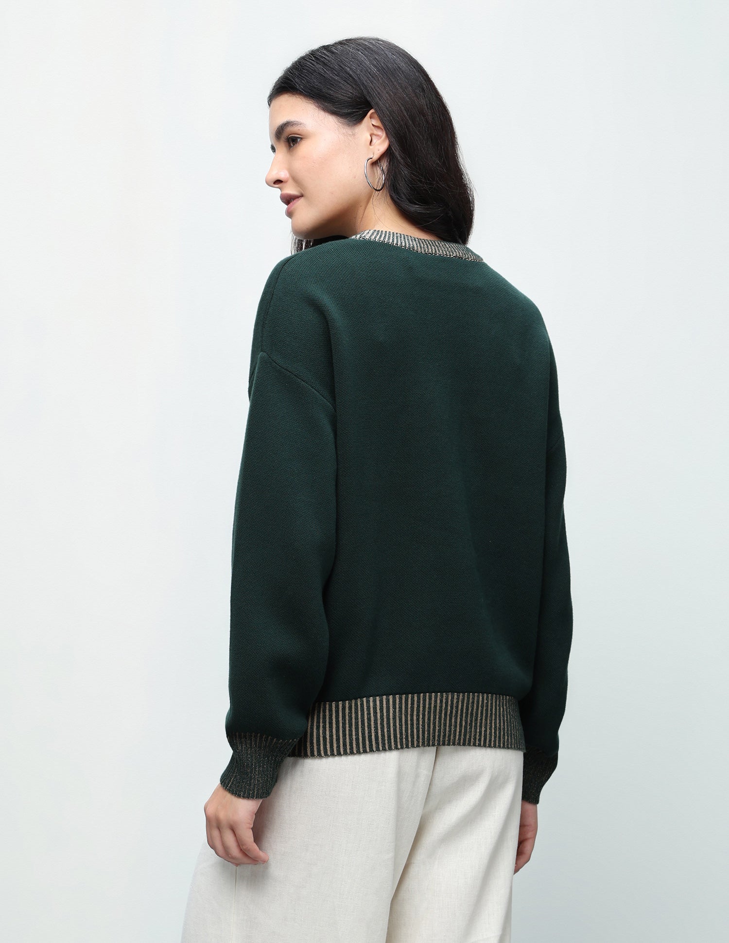 Typographic Patterned Knit Oversized Fit Sweater Dark Green - U.S. Polo Assn. India | Large