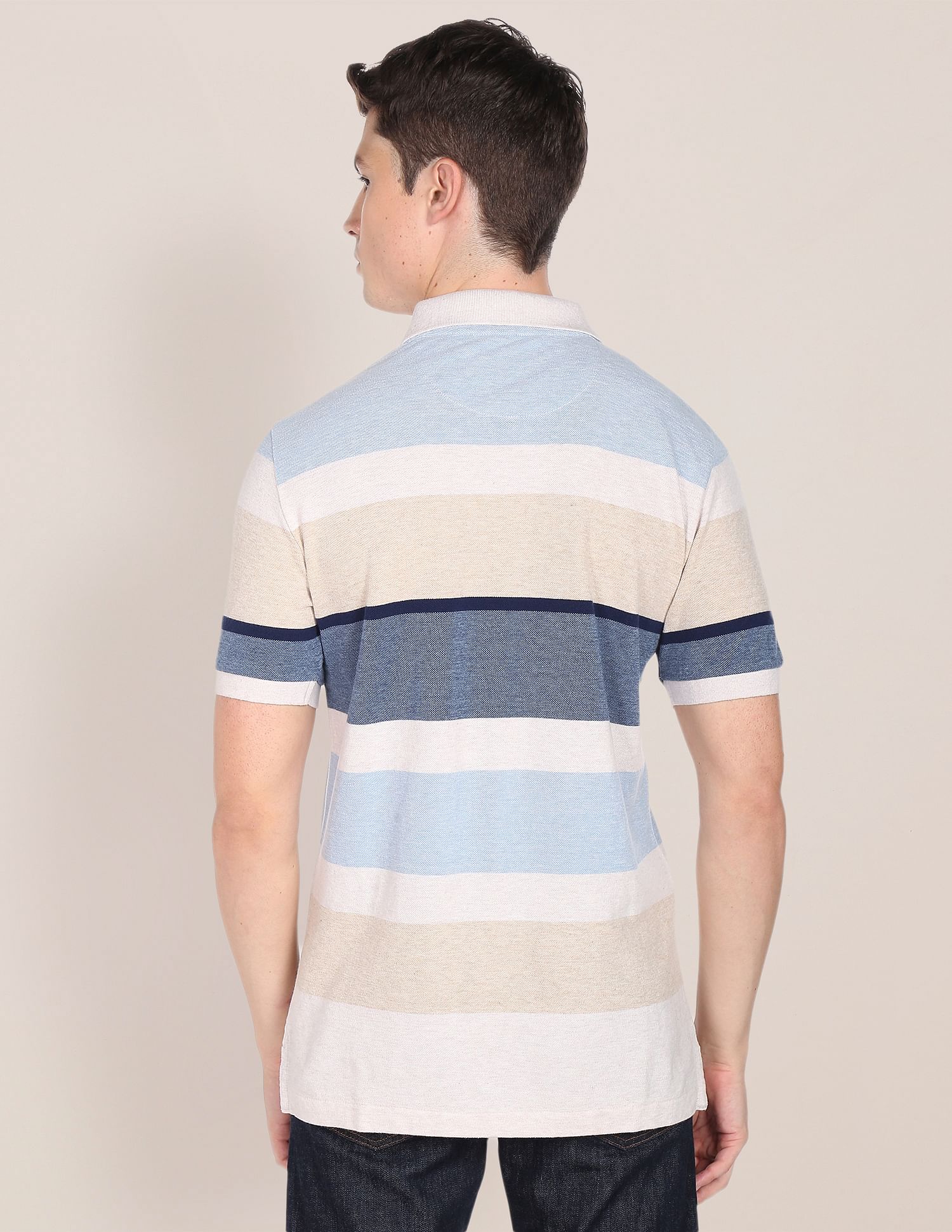 Horizontal Stripe Cotton Pique Polo Shirt Ecru and Blue - U.S. POLO ASSN. | Large